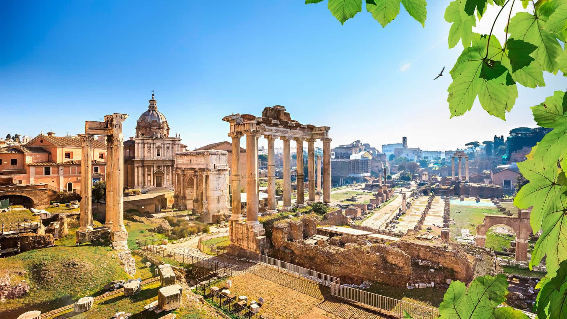 An expansive view of the ancient Roman Forum ruins in Rome, Italy, a historical highlight of a Viking Ocean cruise to Europe.