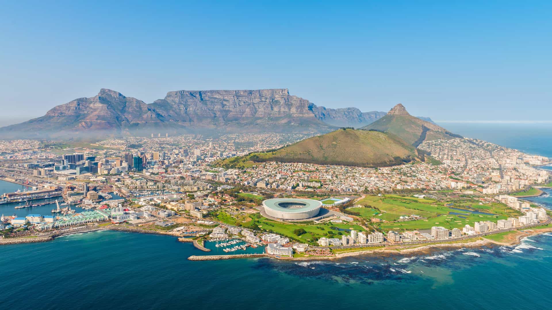 Aerial view of Cape Town, South Africa, with Table Mountain, a Windstar cruise destination.