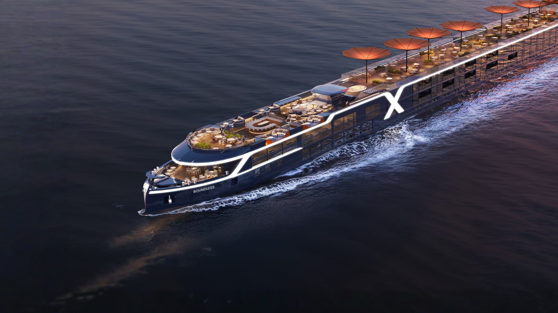 Aerial shot of Celebrity Cruises' river cruise ship, Boundless.