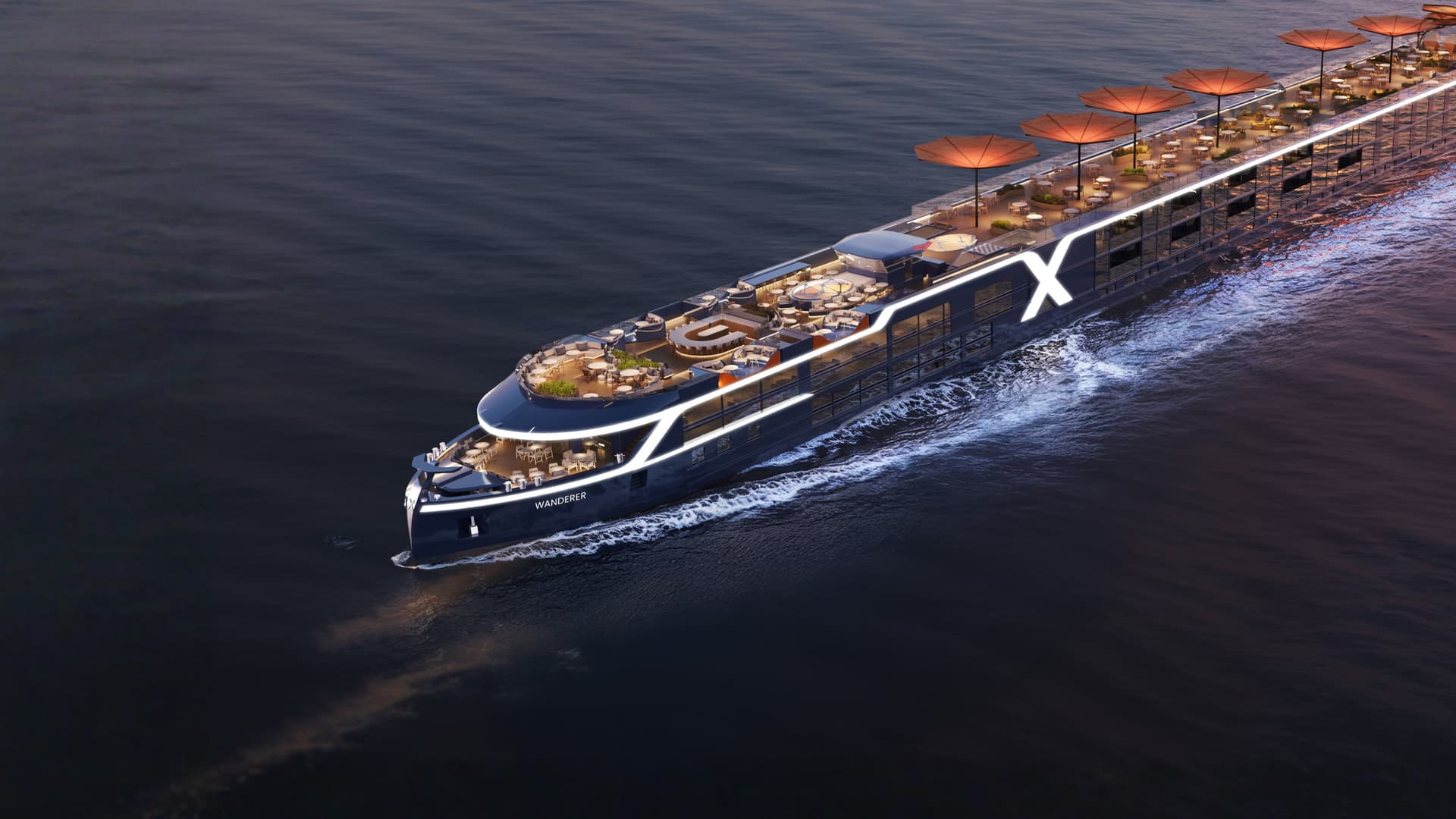 Aerial shot of Celebrity Cruises' river cruise ship Wanderer.