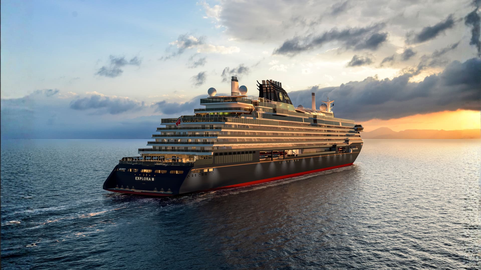 Explora Journeys luxury cruise ship sailing at sunset on the open ocean.