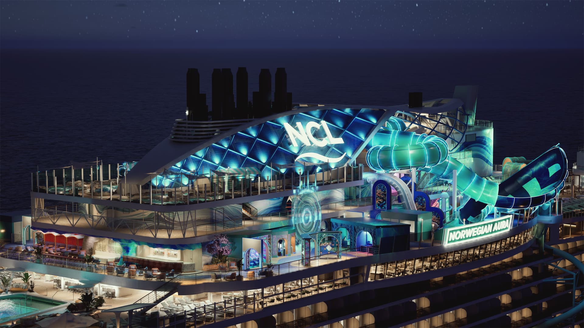 A nighttime exterior rendering of the Norwegian Aura cruise ship glows with vibrant blue lighting, highlighting its illuminated NCL logo, water slides, and open-air decks.