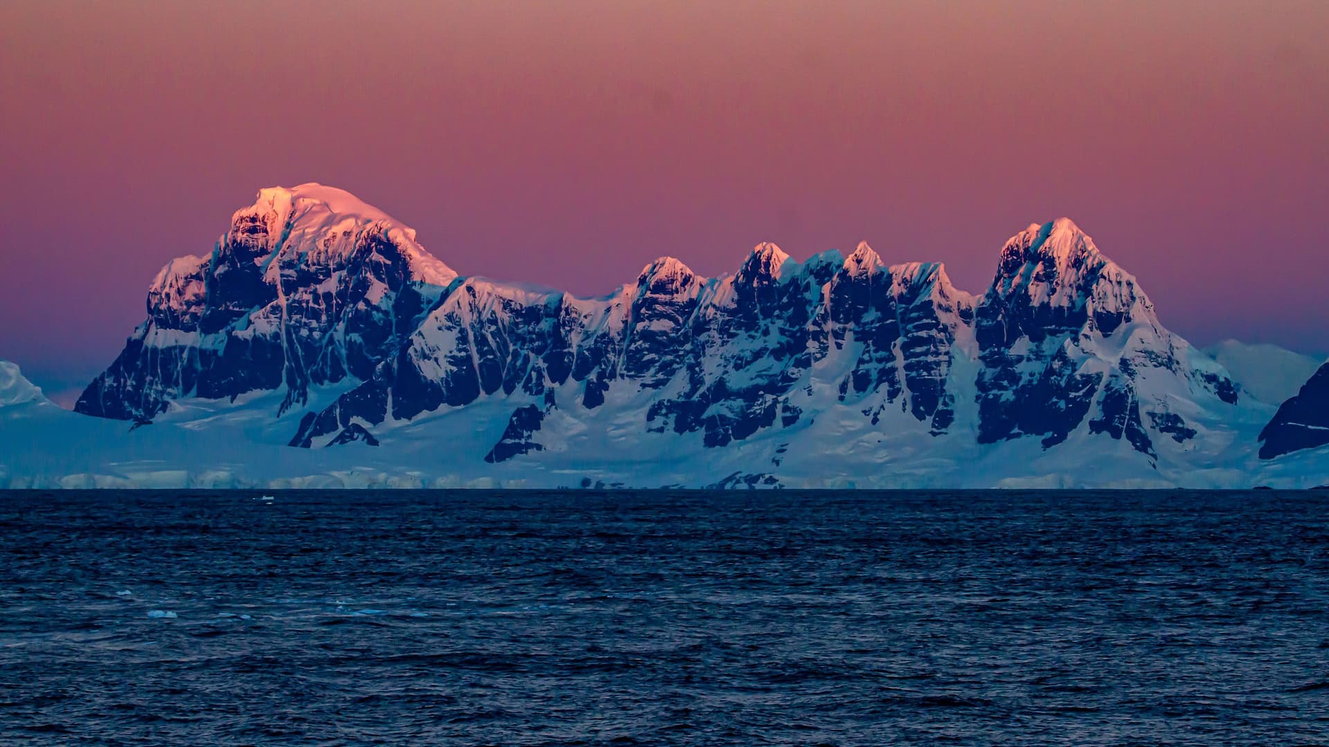 A dramatic sunset view over the Gerlache Strait in Antarctica, featuring snow-covered mountains with vibrant pink and purple hues reflected on the peaks.