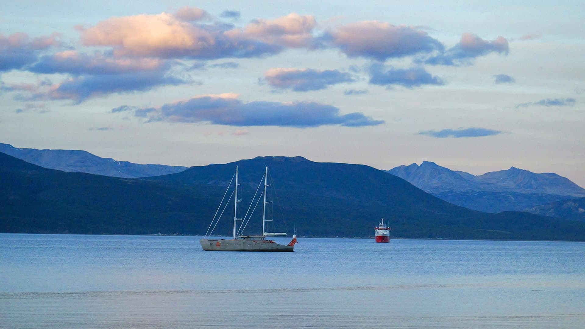 Remote town of Puerto Williams with mountains.