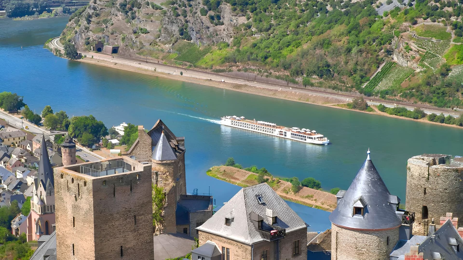 Aerial view of Viking Annar on a European river.