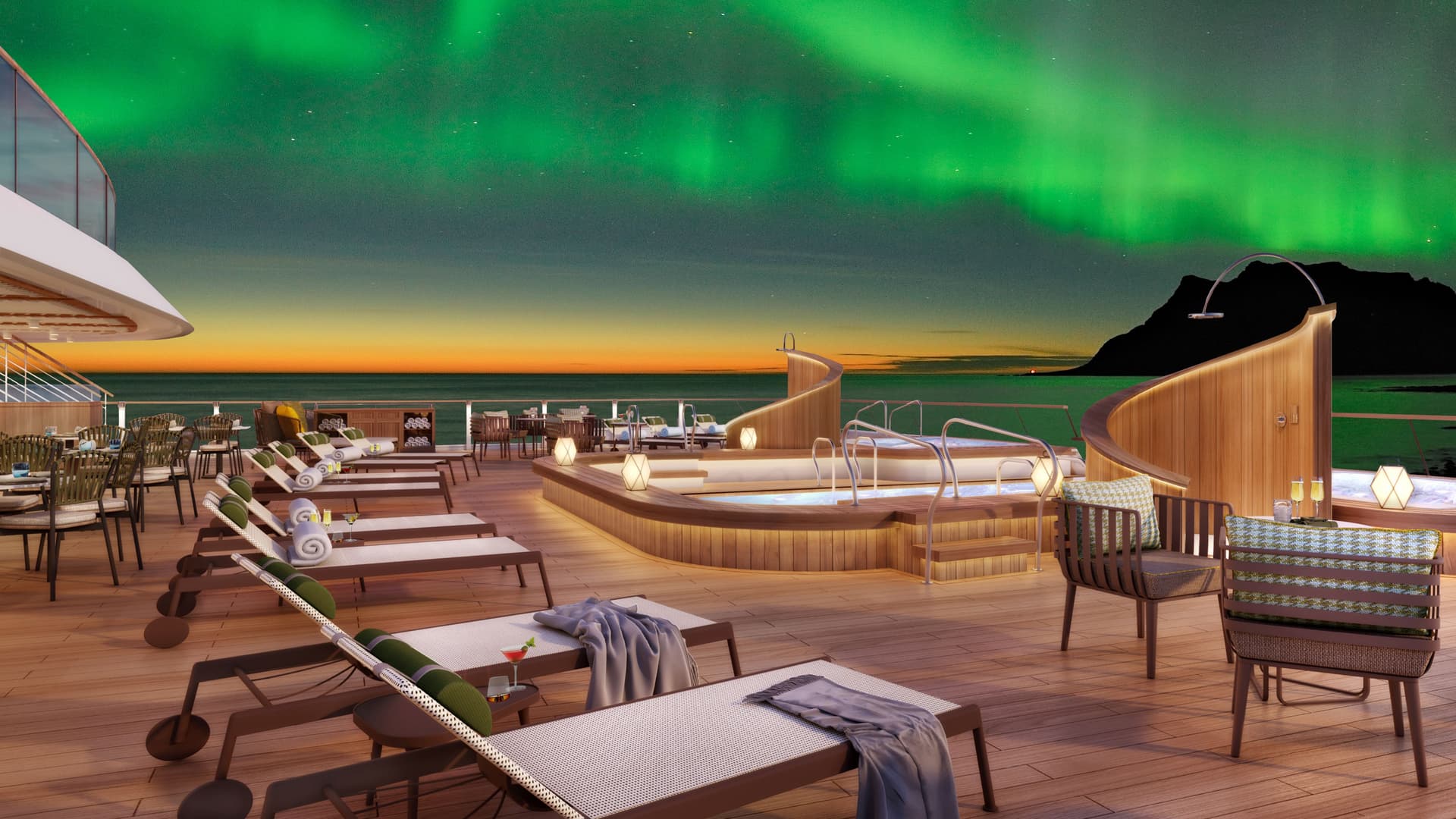 Seabourn Venture Deck 5 Aft Pool - Northern Lights in the background.