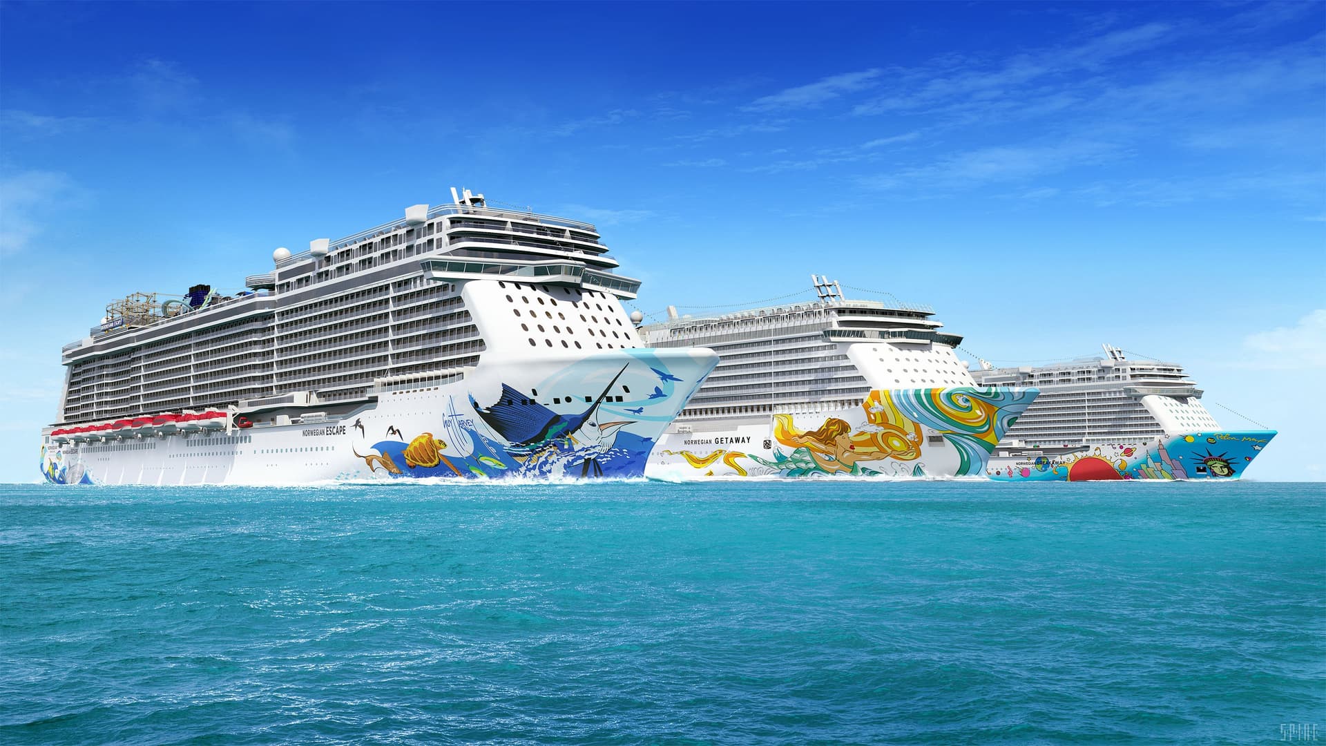 Norwegian's Breakaway, Escape and Getaway sailing at sea.