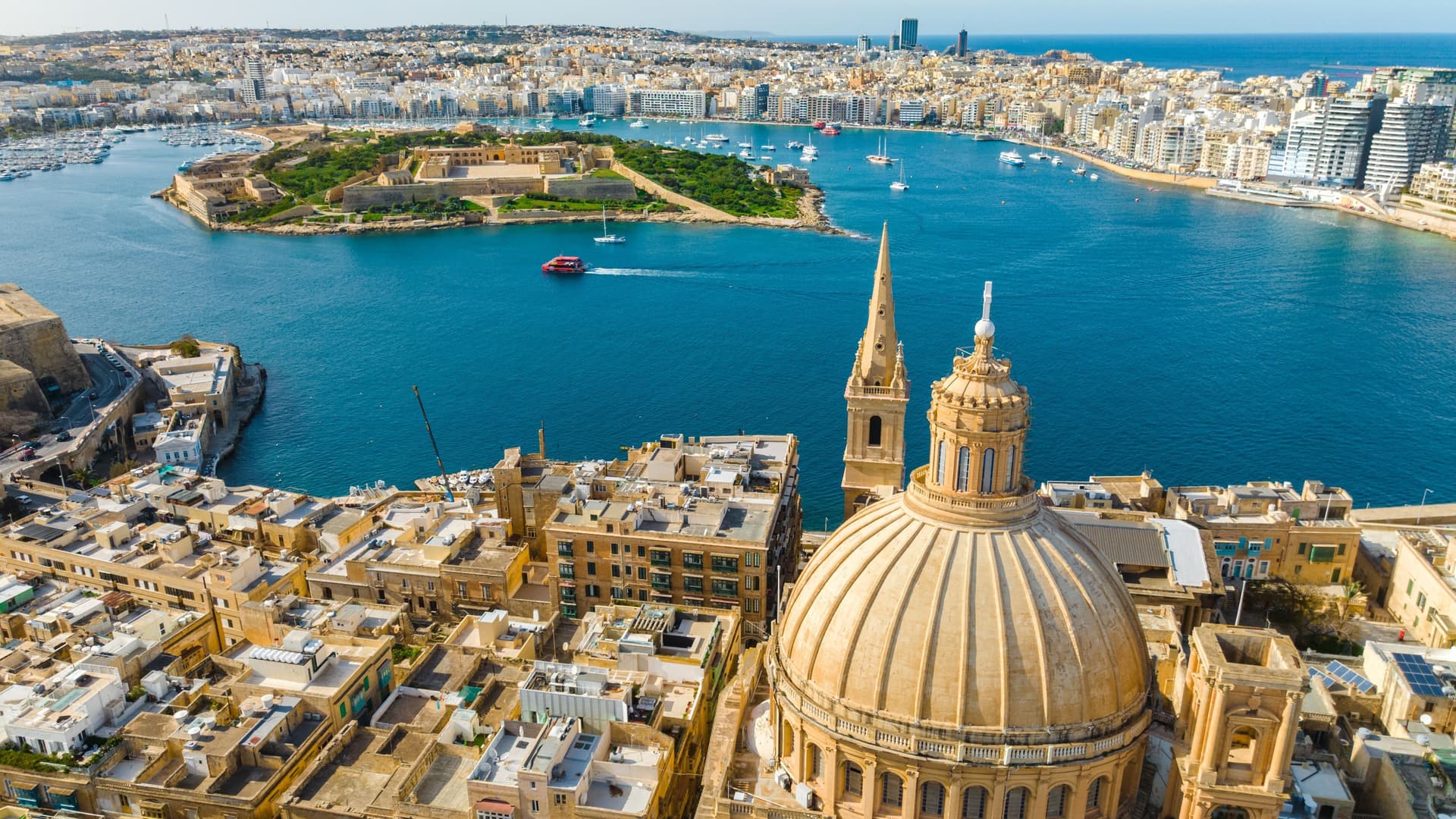 Aerial view of Valletta's harbor and Manoel island in Malta.