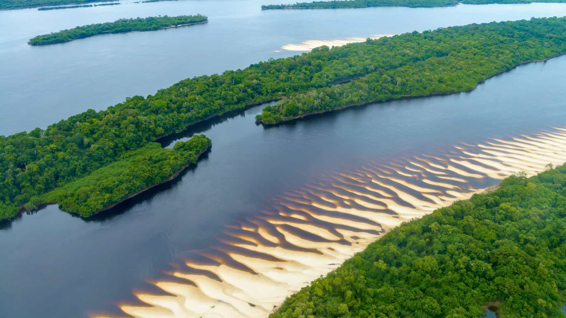 An aerial view showcasing the Amazon River Basin in Brazil, with lush vegetation and intricate sandbanks, representing a destination for Avalon Waterways cruises.