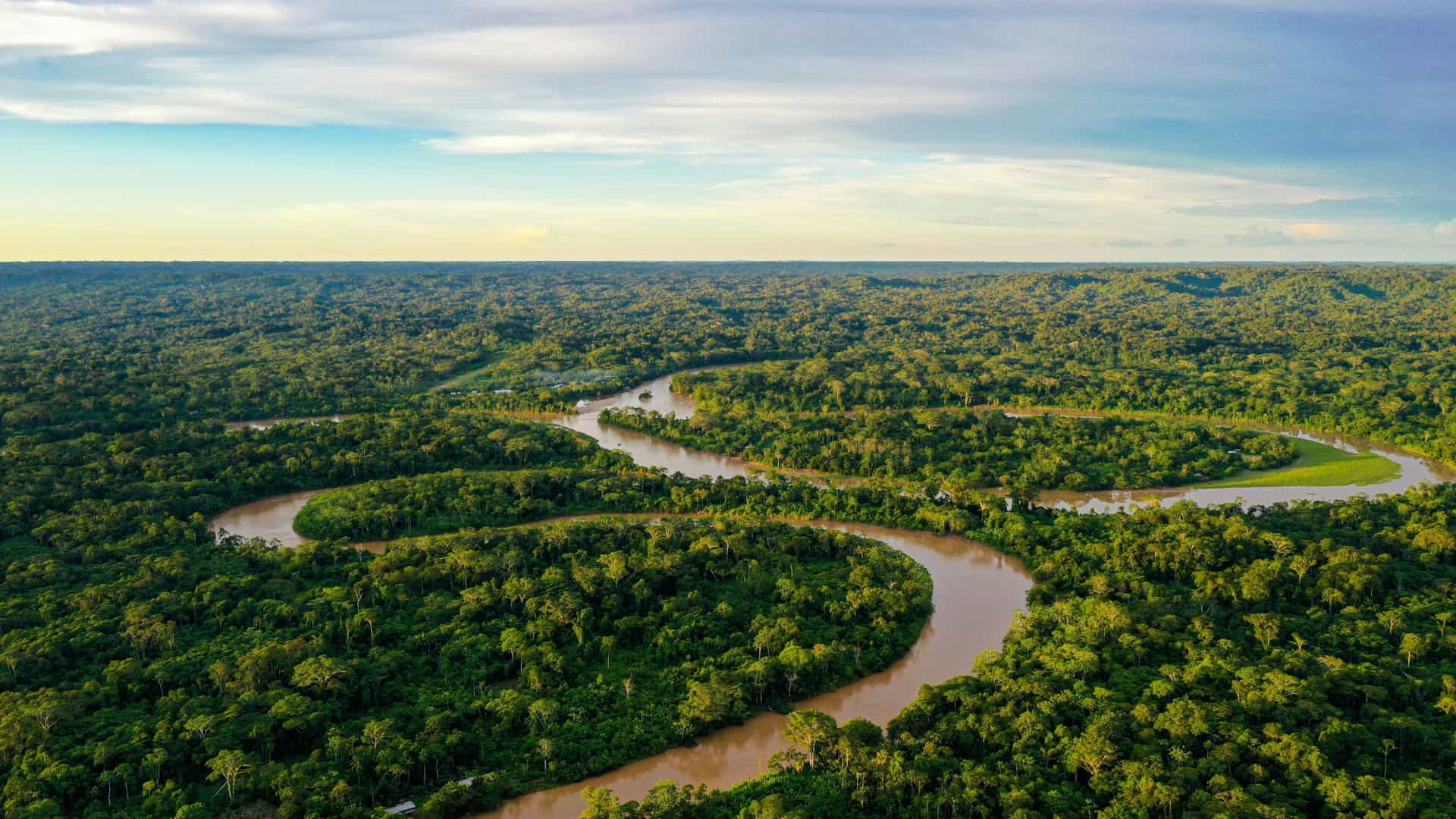 Aerial view of the winding Amazon River in South America, flowing through lush rainforest, an adventurous and exotic destination for an Avalon Waterways cruise.