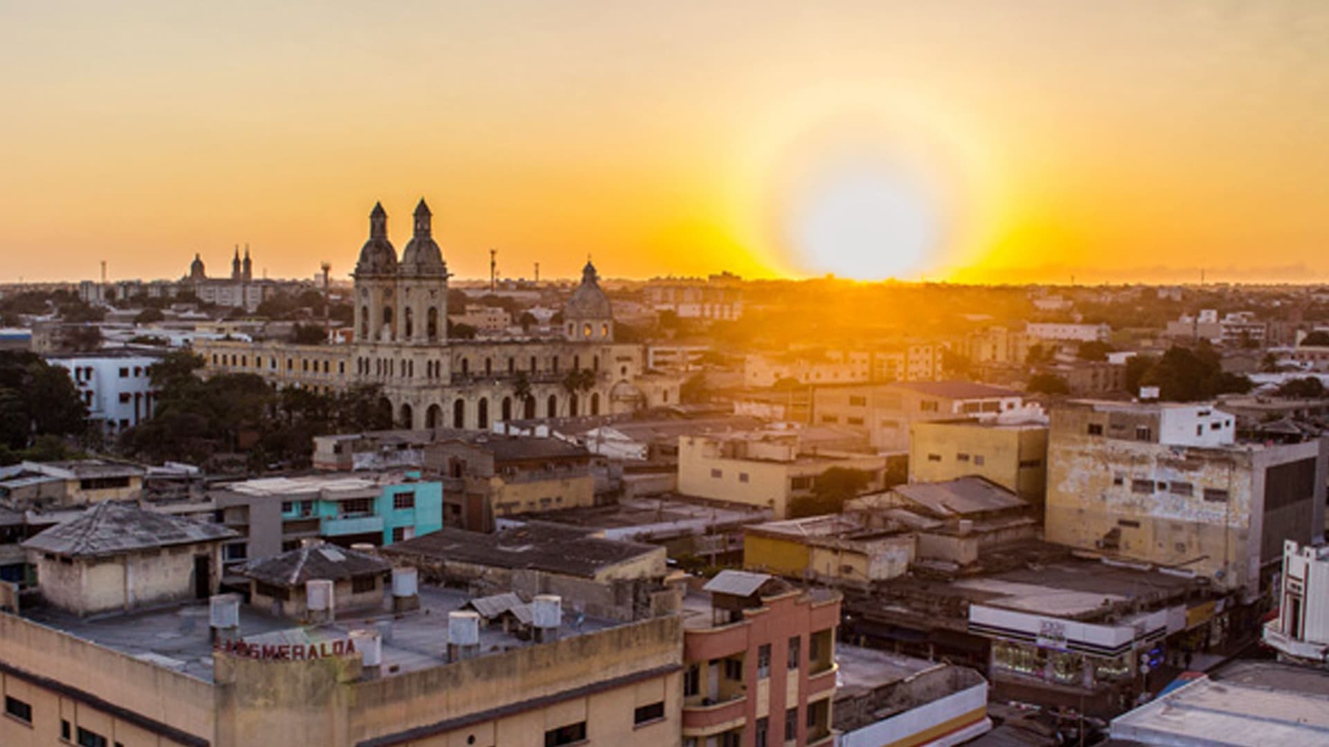 Barranquilla city skyline at sunset.