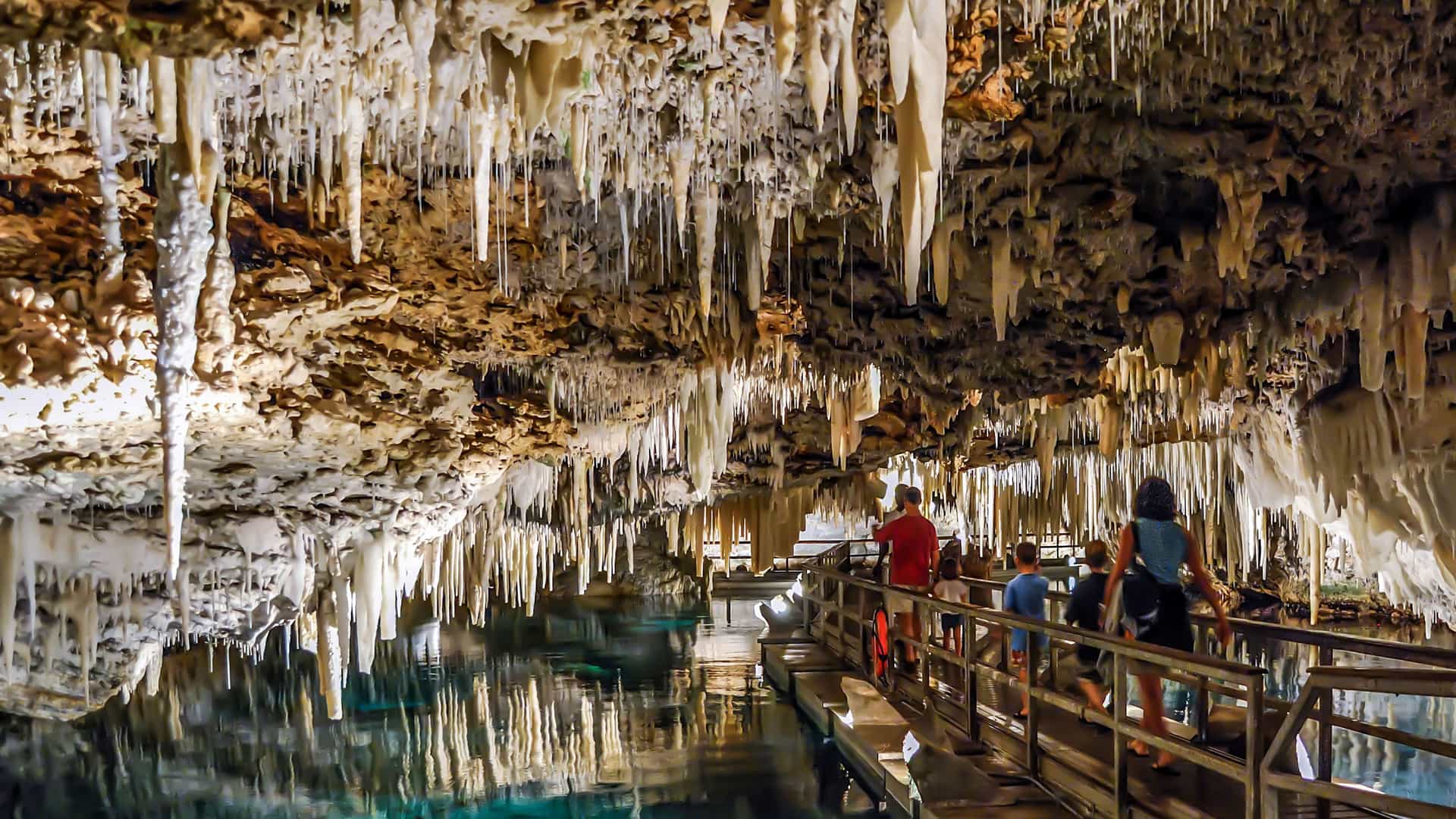 An awe-inspiring view inside the Crystal Cave in Bermuda. The ceiling and walls are covered in thousands of white, soda straw-like stalactites that hang down toward a crystal-clear, deep blue underground lake. A wooden walkway with metal railings extends over the water, where a family of tourists walks, looking at the formations. The water is so transparent that the cave's rocky bottom is visible. The scene captures the unique and stunning subterranean landscape of the Bermuda region.