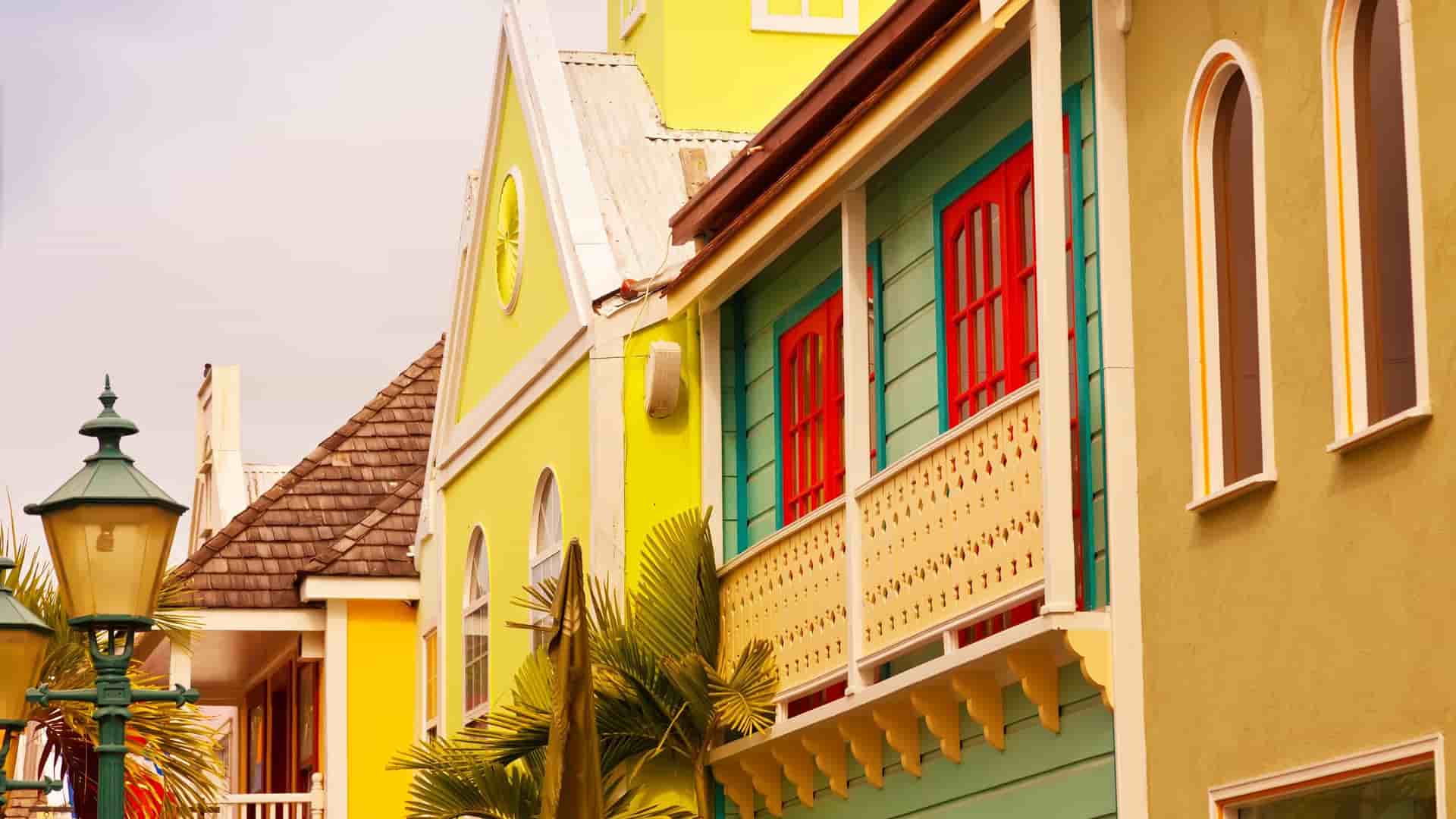 Close up shot of brightly painted Caribbean architecture unique to the area and with contrasting vibrant colors.