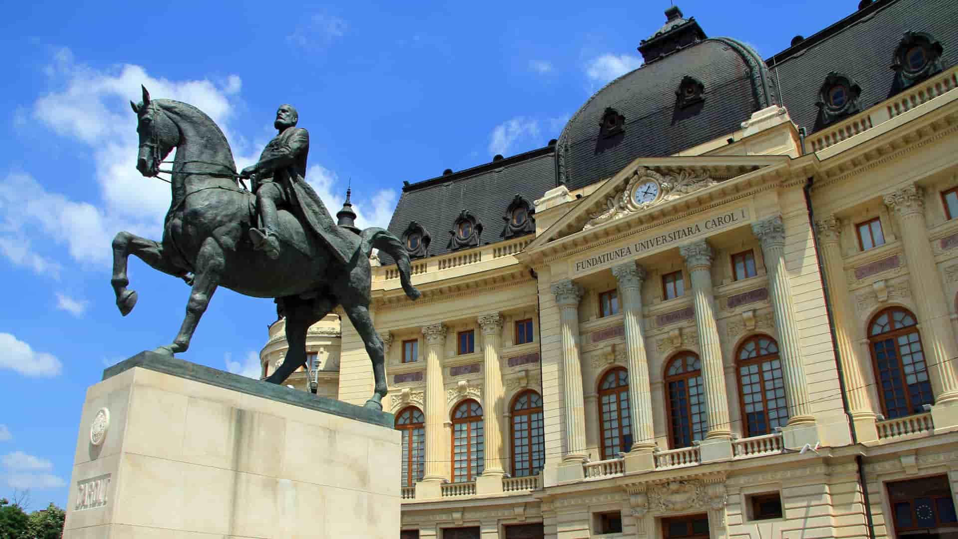 Equestrian statue in front of Bucharest library.