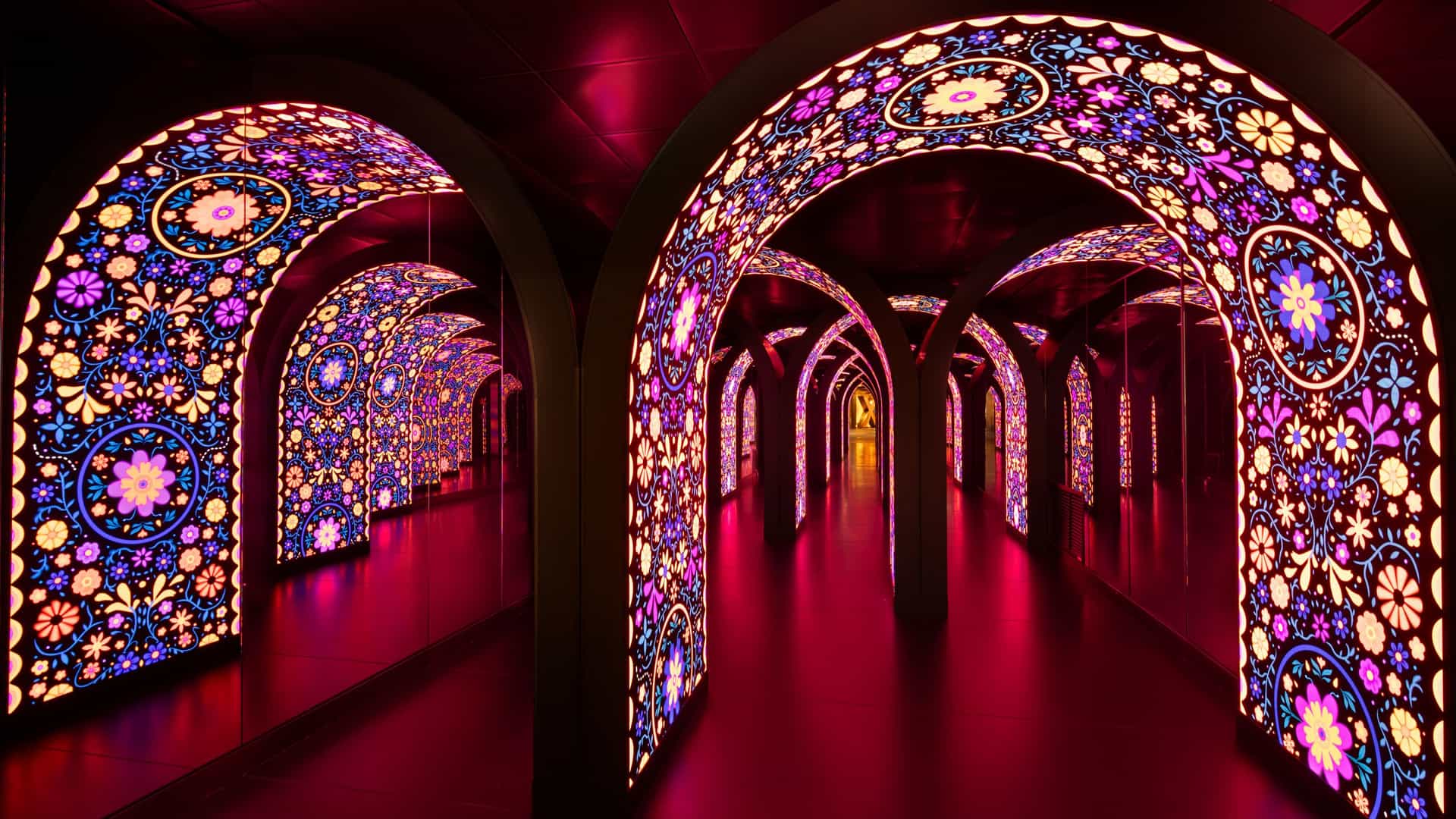 LED lights form floral patterns that shift depending on the theme. These lights line tunnels that lead into the Bazaar on Celebrity Xcel.