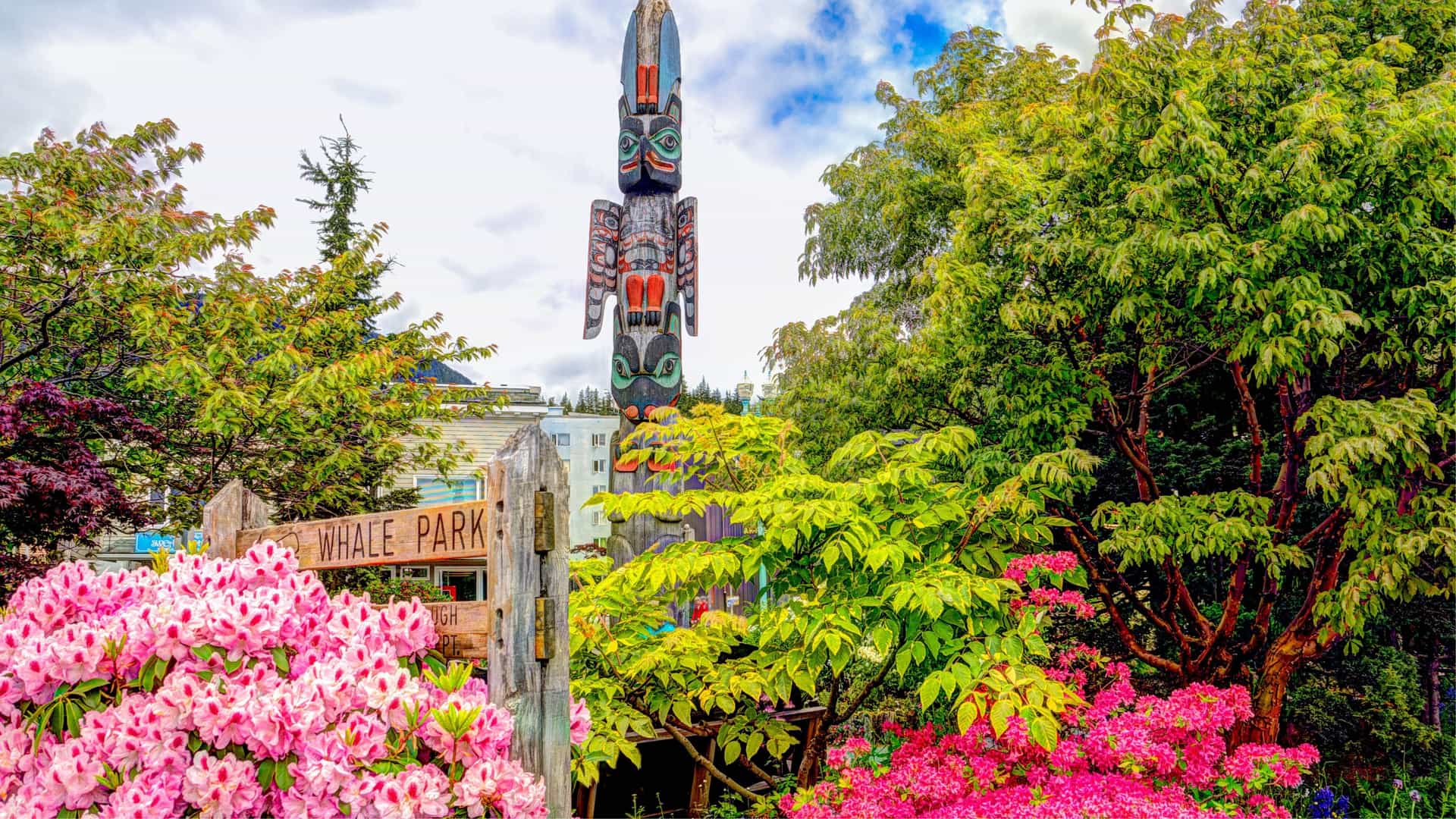 Chief Kyan totem pole at Whale Park in Ketchikan, Alaska.