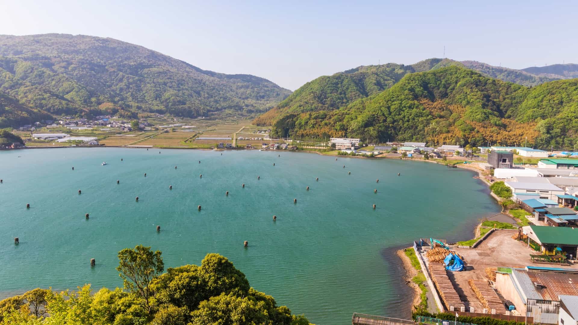 An elevated view of the scenic Maizuru Bay, a picturesque cruise port destination in Kyoto Prefecture, Japan. The image captures the calm green waters of the bay dotted with small buoys, bordered by a coastal village, industrial structures, and rolling green hills under a bright sky.
