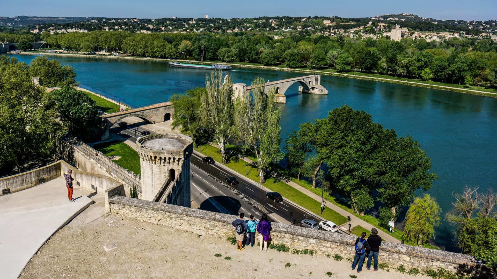 A scenic view from the Jardin des Doms overlooking Avignon, France. In the foreground are the lush green gardens, with a statue and walking path. In the background, the famous Pont Saint-Bénezet (Avignon Bridge) is visible spanning the Rhône River, with the imposing Palace of the Popes and the city's rooftops on the far bank. The sky is partly cloudy.