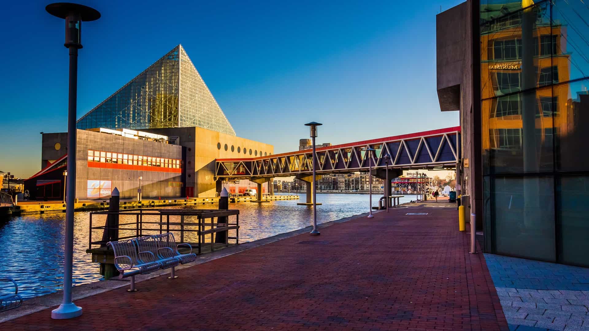 A photo of the National Aquarium in Baltimore, Maryland, located on the Inner Harbor. The unique, multi-level building with its pyramid-shaped glass roof is visible, with the harbor and surrounding cityscape in the background.