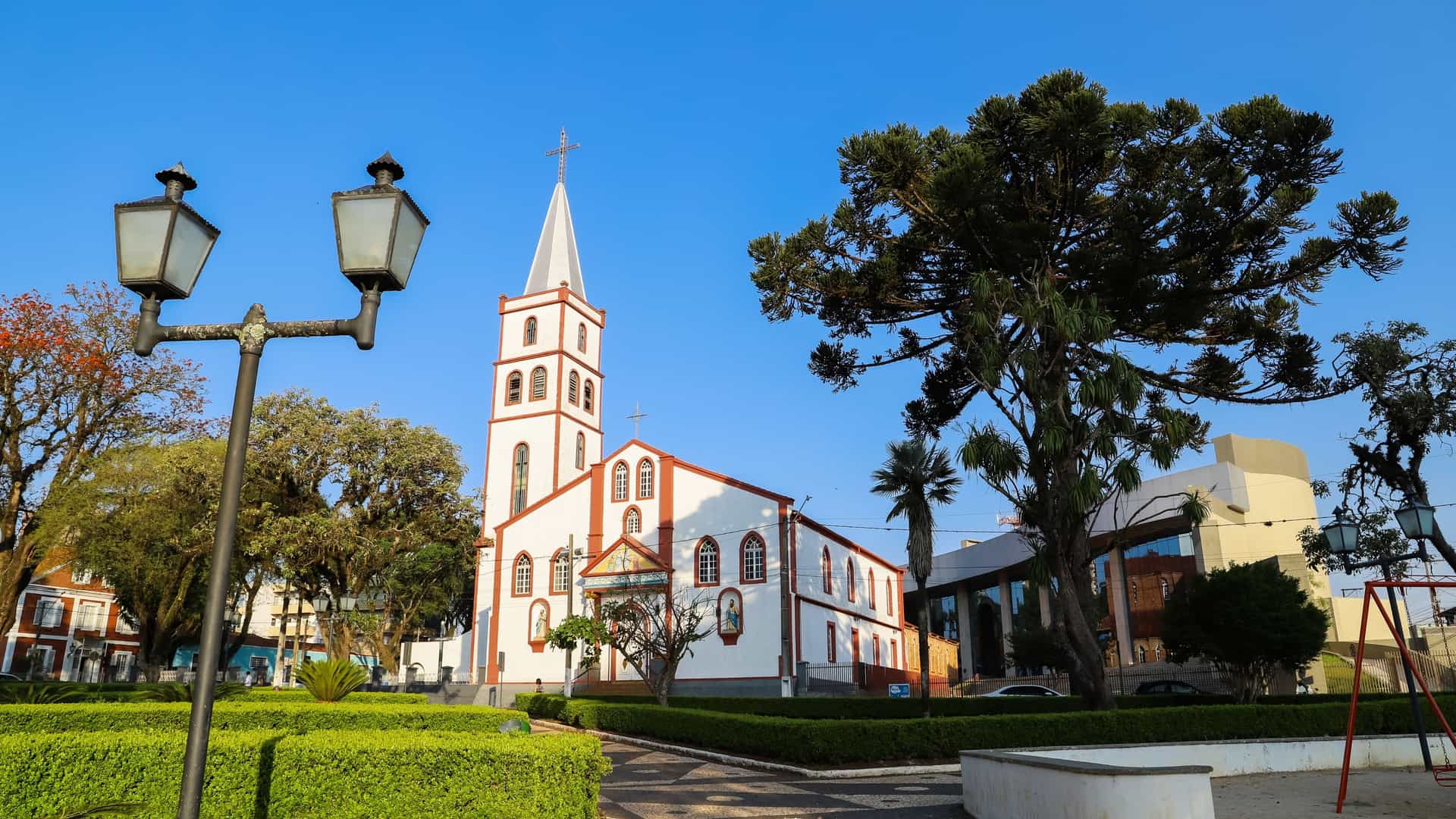 The neoclassical façade of the Cathedral Nossa Senhora de Belém in the city of Guarapuava, Paraná, Brazil.
