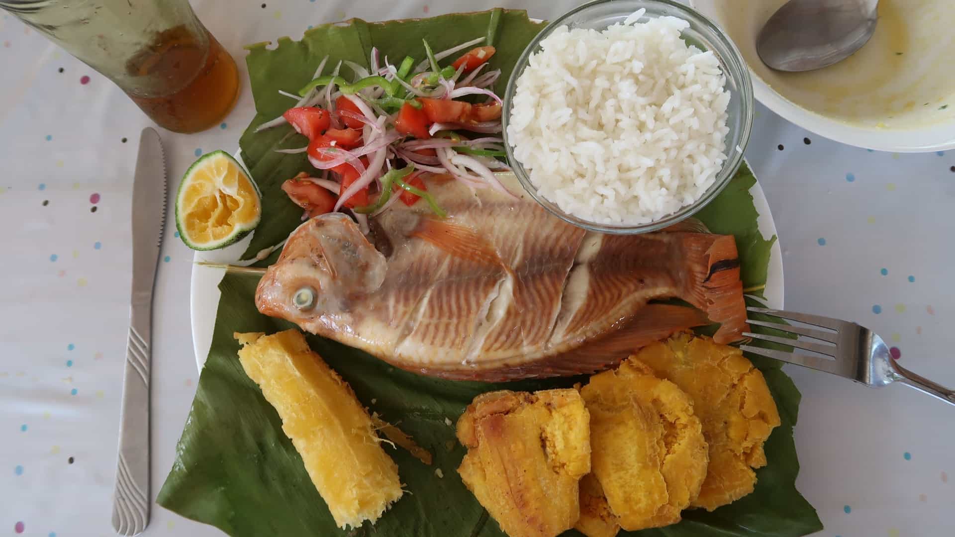 A traditional Amazonian fish dish (Patarashca) cooked and served inside a folded banana leaf, presented on a rustic plate with a side of white rice and slices of fried plantain.