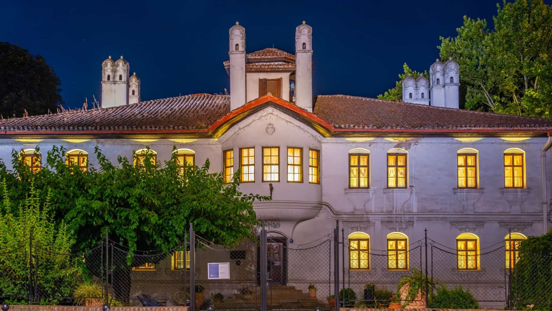 The sunset view of Princess Ljubica's Residence (Konak kneginje Ljubice), a historic building in the Serbian-Balkan architectural style, located in Belgrade, Serbia.