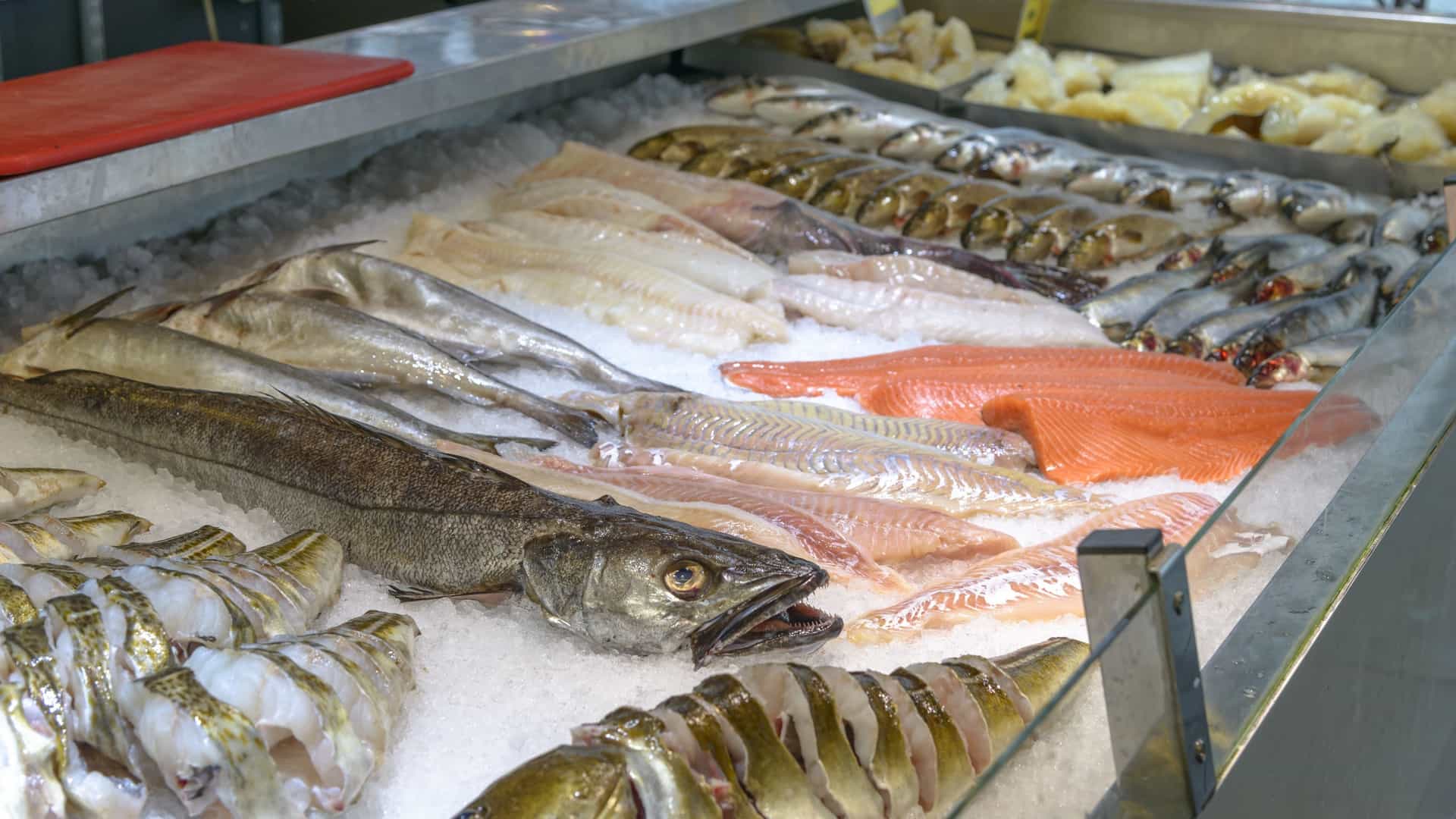 A close up, vibrant view of the Fish Market (Fisketorget) in Bergen, Norway. The image shows a crowded stall displaying a wide variety of fresh seafood, including large red crab legs, cooked shrimp, and various types of fish and shellfish arranged neatly on ice for sale. The lively market atmosphere is suggested by the presence of a vendor and customers, with the historic city and harbor in the background.