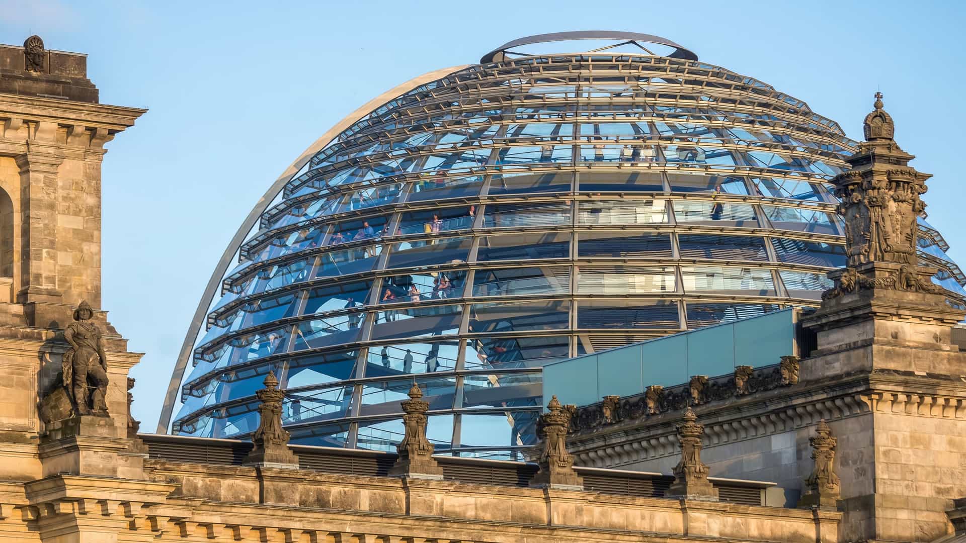 The Reichstag Building, the seat of the German Parliament in Berlin, Germany, featuring the modern glass dome designed by Norman Foster.