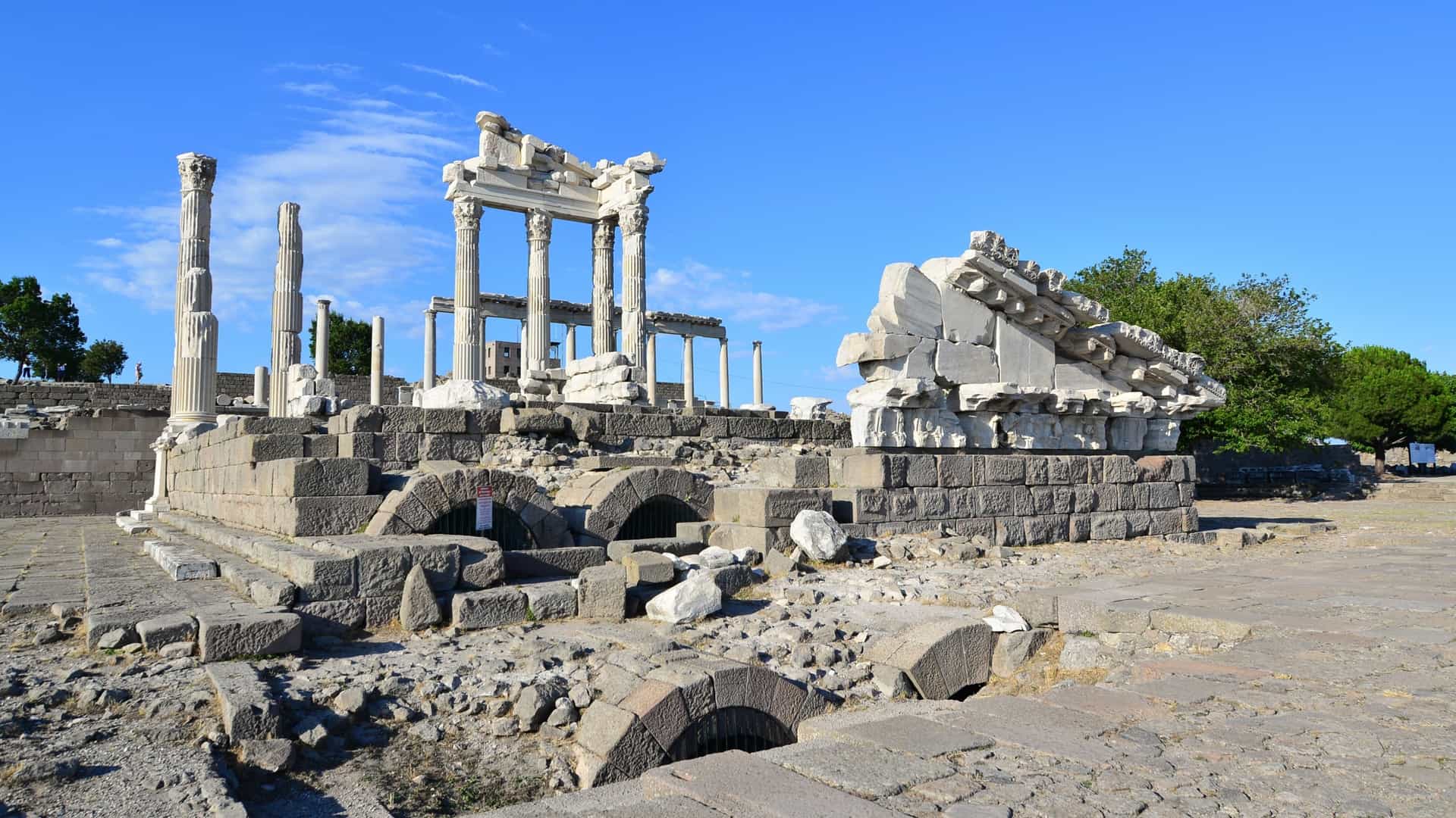 The archaeological site of Pergamon (Pergamum), an ancient Greek city near Bergama, İzmir, Turkey, showcasing the ruins of its monumental structures on a hillside.