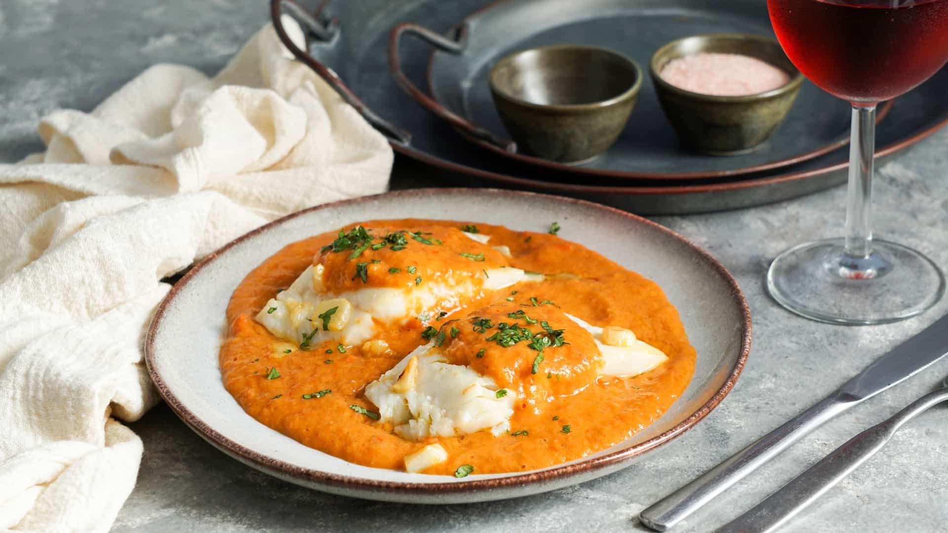 A close up, high angle view of a serving of Bacalao a la Vizcaína (Basque style codfish). A large fillet of white fish (cod) sits in a vibrant red orange sauce that is traditionally made from choricero peppers. The dish is garnished with sliced red pimientos (roasted red peppers) and served on a simple white plate. The background is dark, drawing focus to the dish.