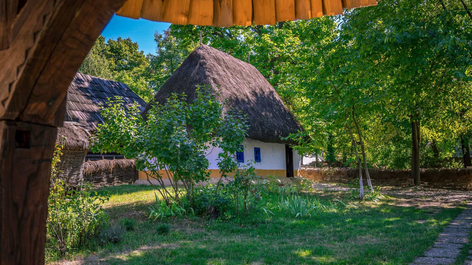 The traditional house of Dumitra from Transylvania is on display at the Dimitrie Gusti National Village Museum in Bucharest, Romania. The authentic 19th century farmhouse features white painted walls, a raised wooden porch, and a steeply pitched thatched roof, set within a grassy, open air park environment under a sunny sky.