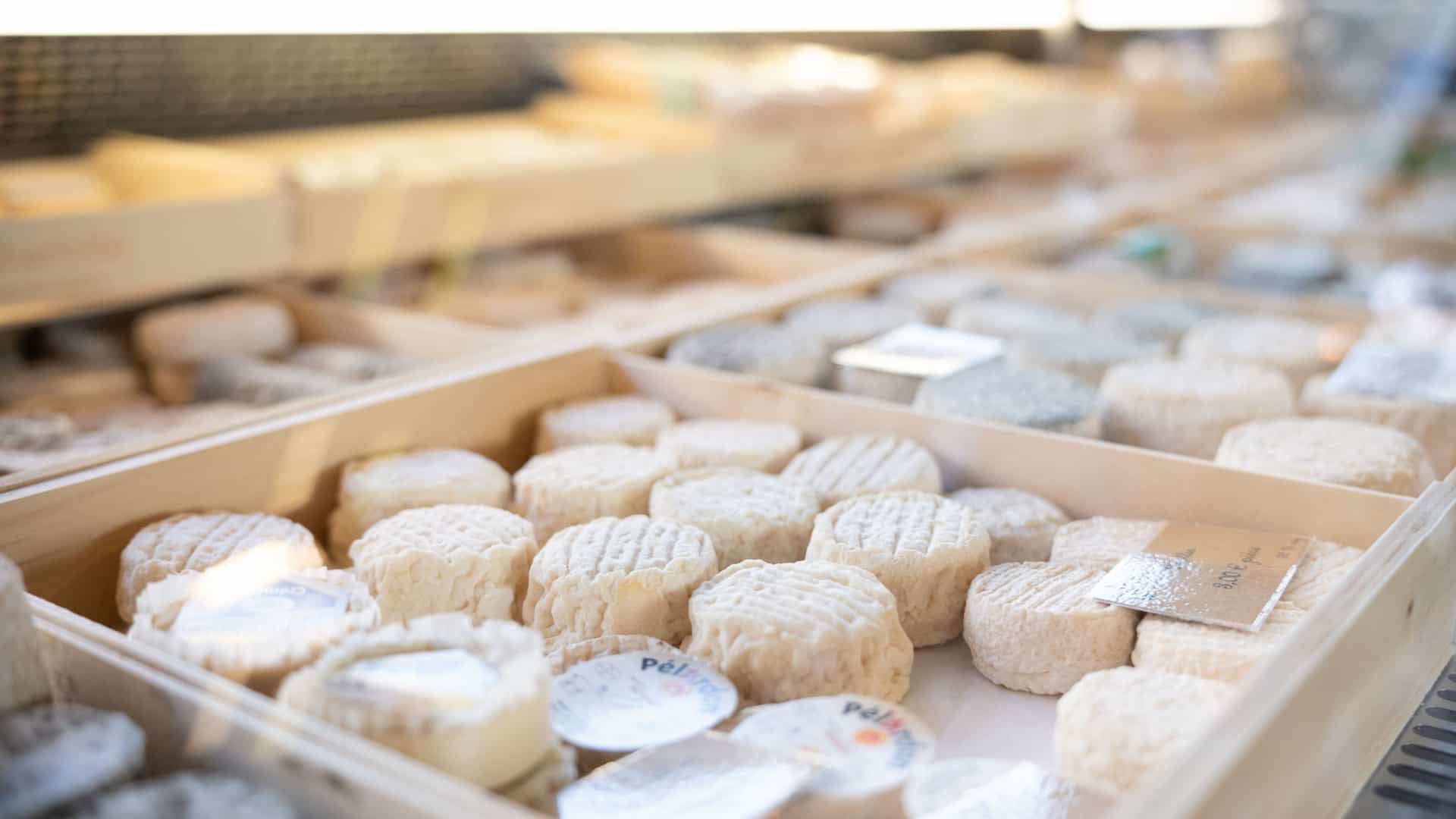 A rich assortment of various French cheeses displayed for sale on a wooden counter inside a traditional fromagerie (cheese shop), featuring different rinds and textures.