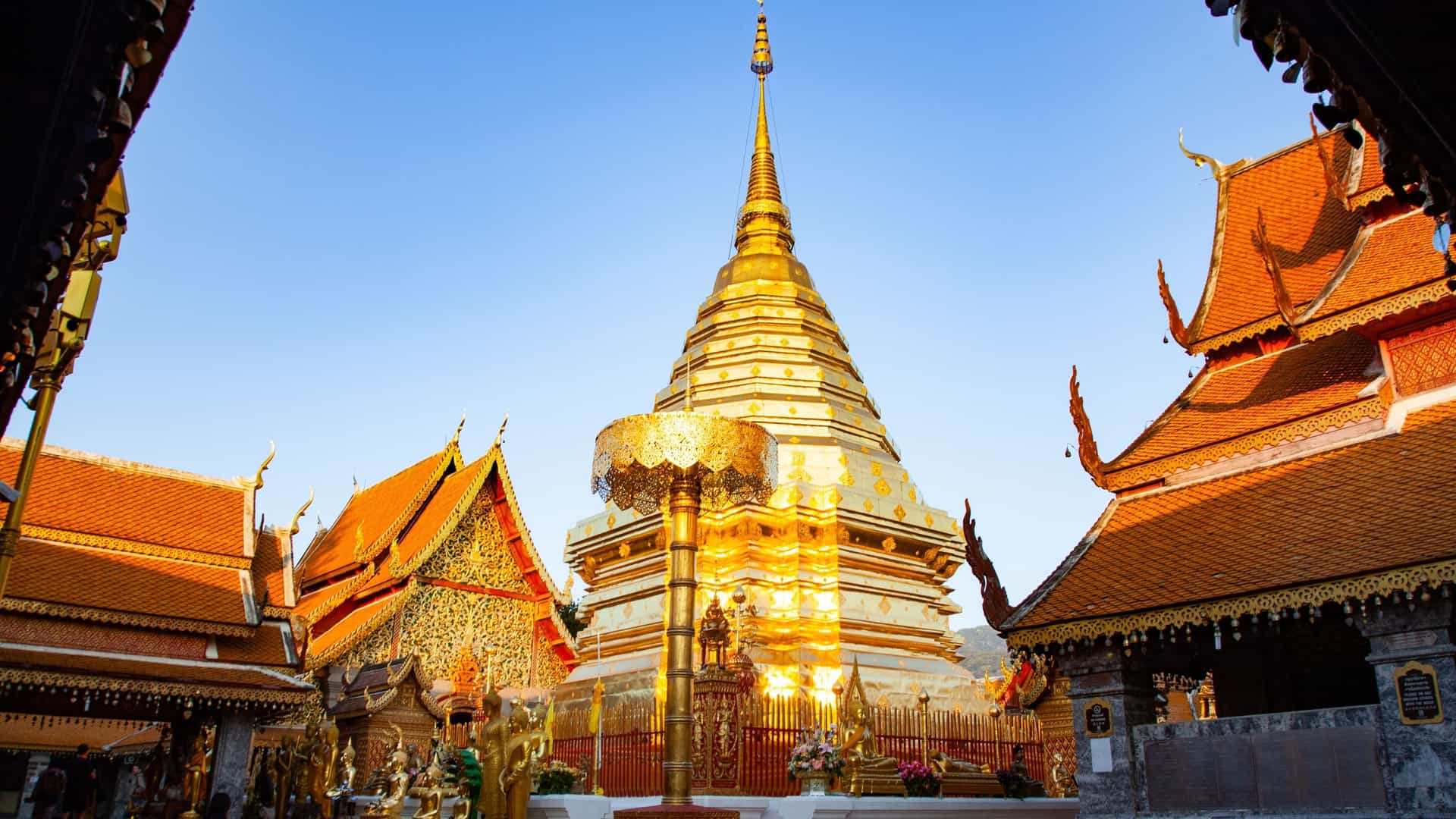 The golden chedi (stupa) of Wat Phra That Doi Suthep temple in Chiang Mai, Thailand, is visible from above, surrounded by a walkway with smaller, ornate shrines and statues. The temple's tiered rooftops and golden spires are prominent against a lush, green mountain landscape.