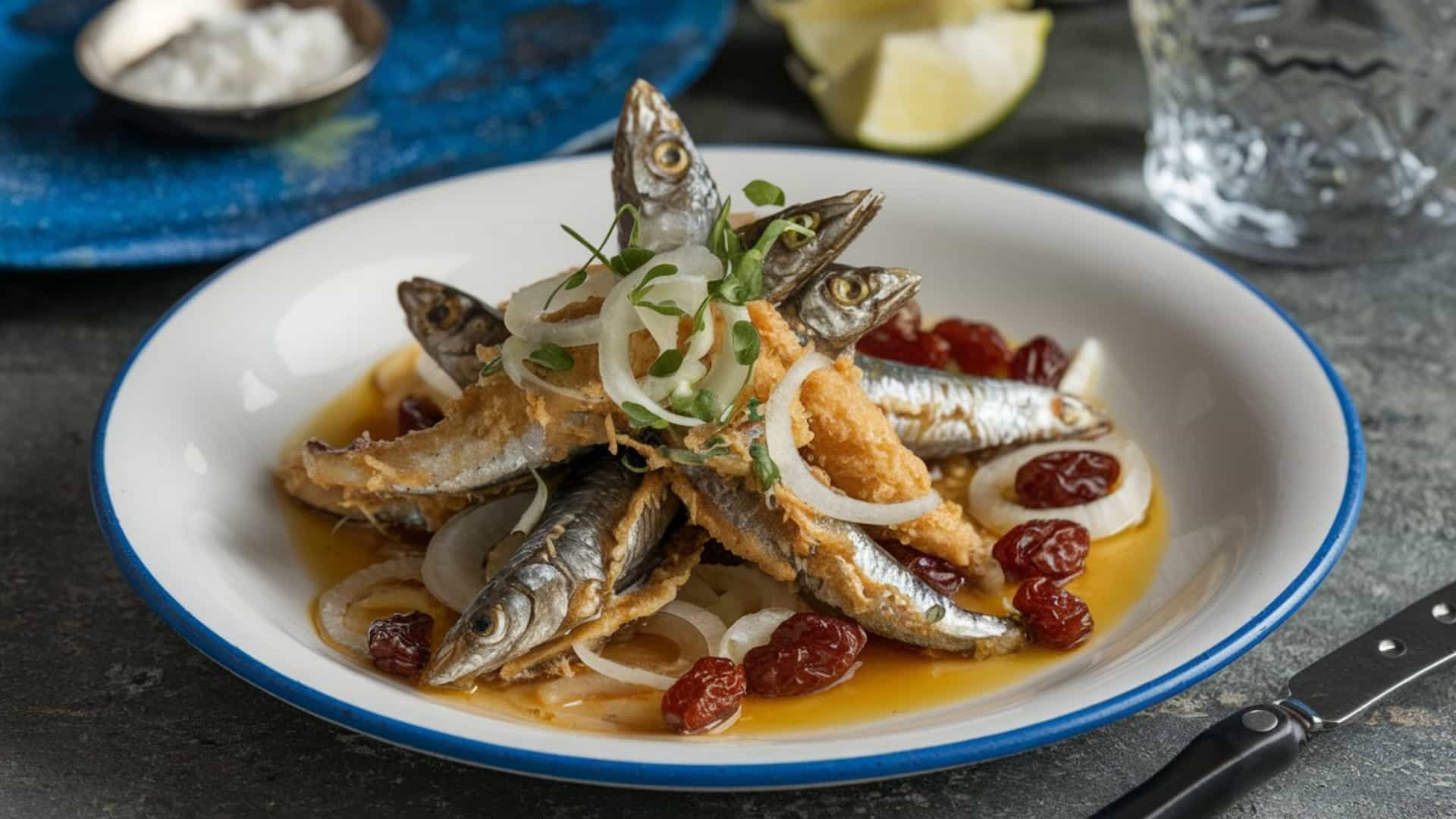 A close up, high angle view of a bowl of Sarde in Saor, a traditional Venetian dish of fried sardines marinated in a sweet and sour mixture. The glistening fillets are covered in thin slices of pale, caramelized onions, plump raisins, and scattered pine nuts, ready to be served as an appetizer.