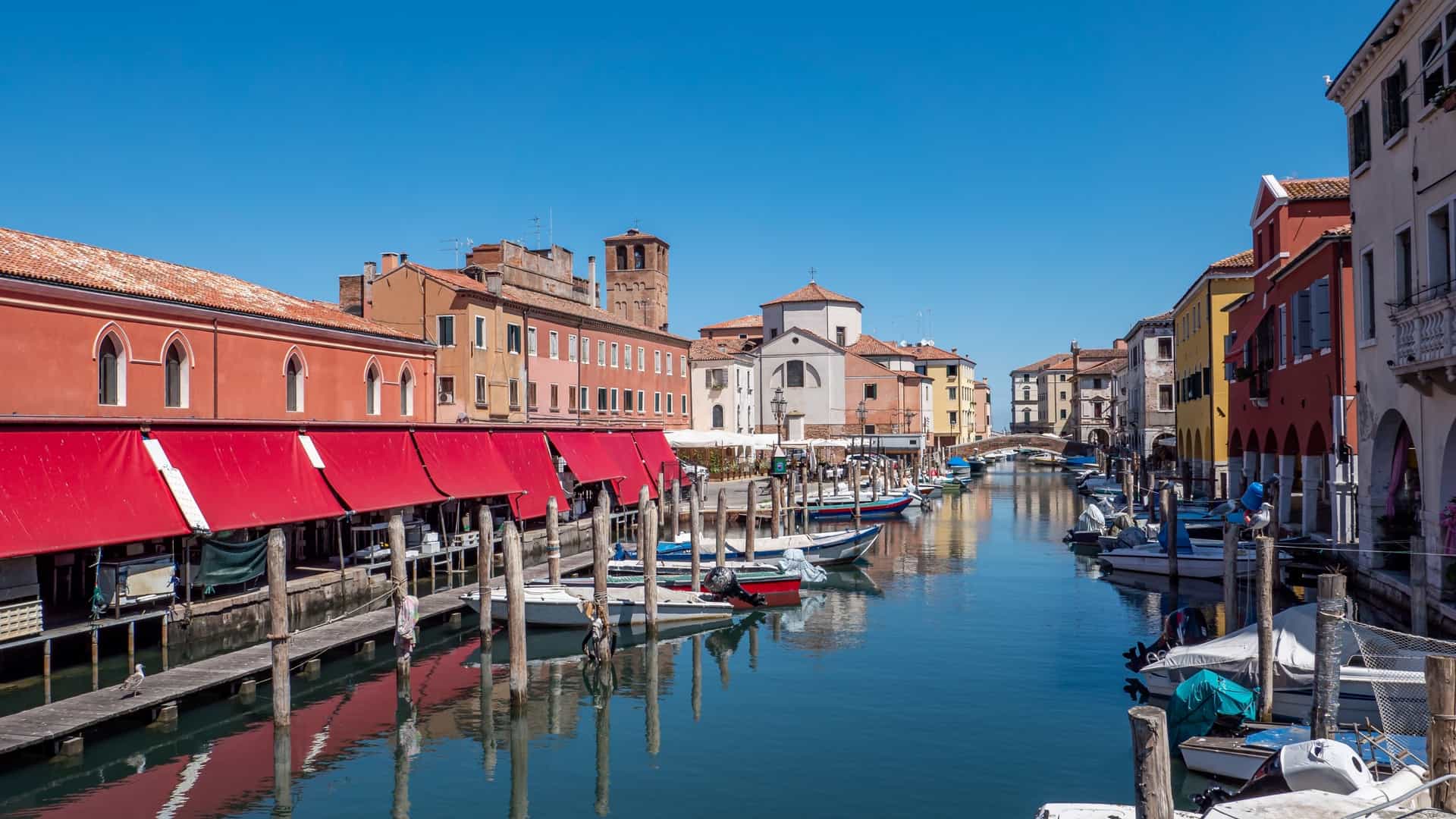 A picturesque view of the Canal Vena in Chioggia, Italy, where the canal is lined with colorful, tall buildings in typical Venetian style. The water is filled with several traditional fishing and leisure boats, and a small, arched stone bridge spans the waterway in the foreground.