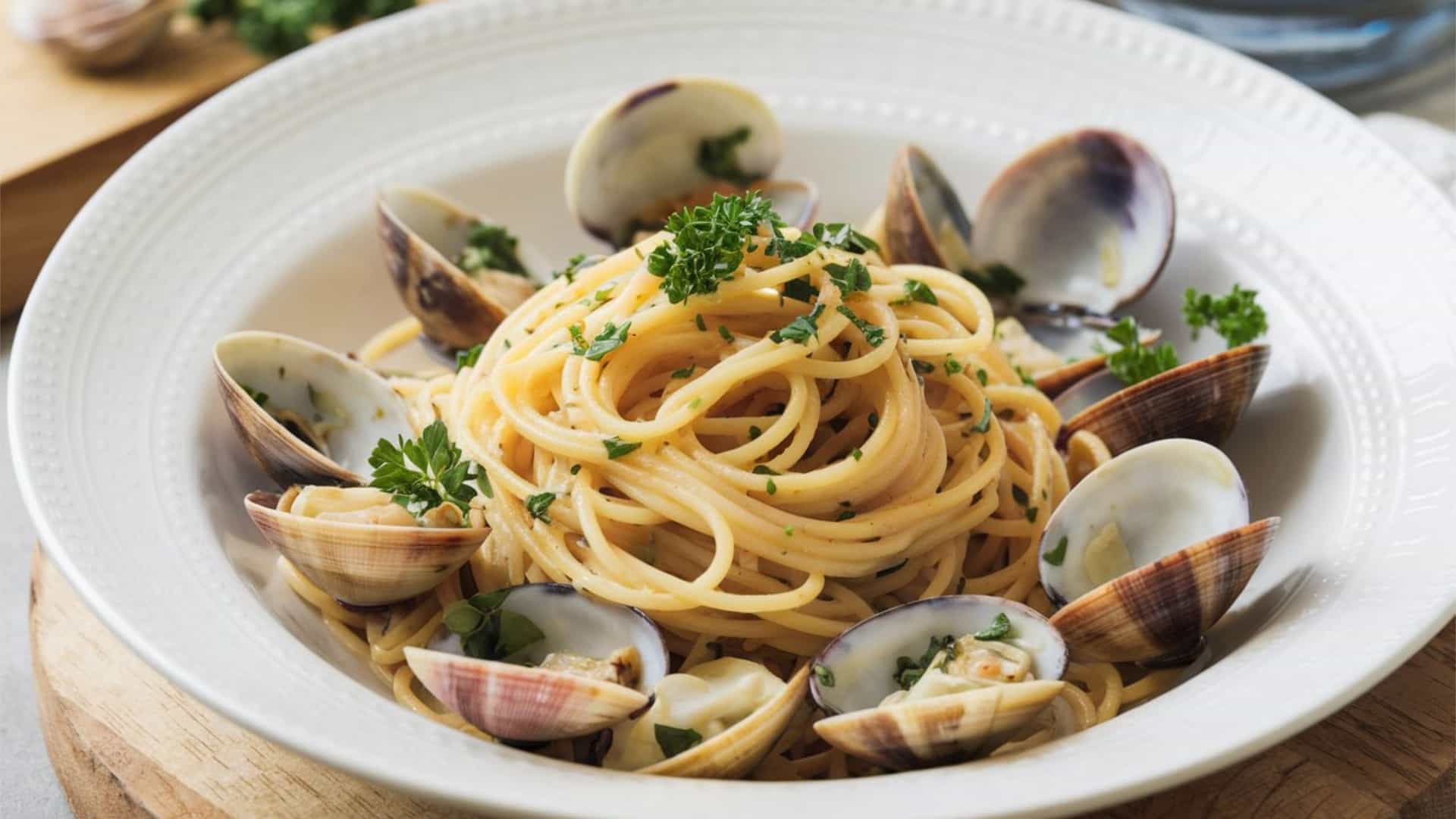 A close-up, overhead view of a plate of Spaghetti alle Vongole (Italian clam pasta). The dish consists of spaghetti noodles tossed with fresh whole clams in their shells, garlic, and chopped parsley, coated in a light, white wine and clam-broth sauce. The pasta is served in a dark or black bowl, set against a dark background, highlighting the bright colors of the seafood and herbs.