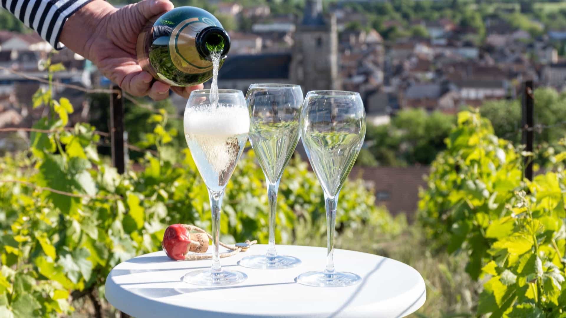 A glass of dry sparkling brut wine, or grand reserve champagne, being poured for tasting in Ay Champagne, France, overlooking the green, hilly vineyards of Vallee de la Marne.