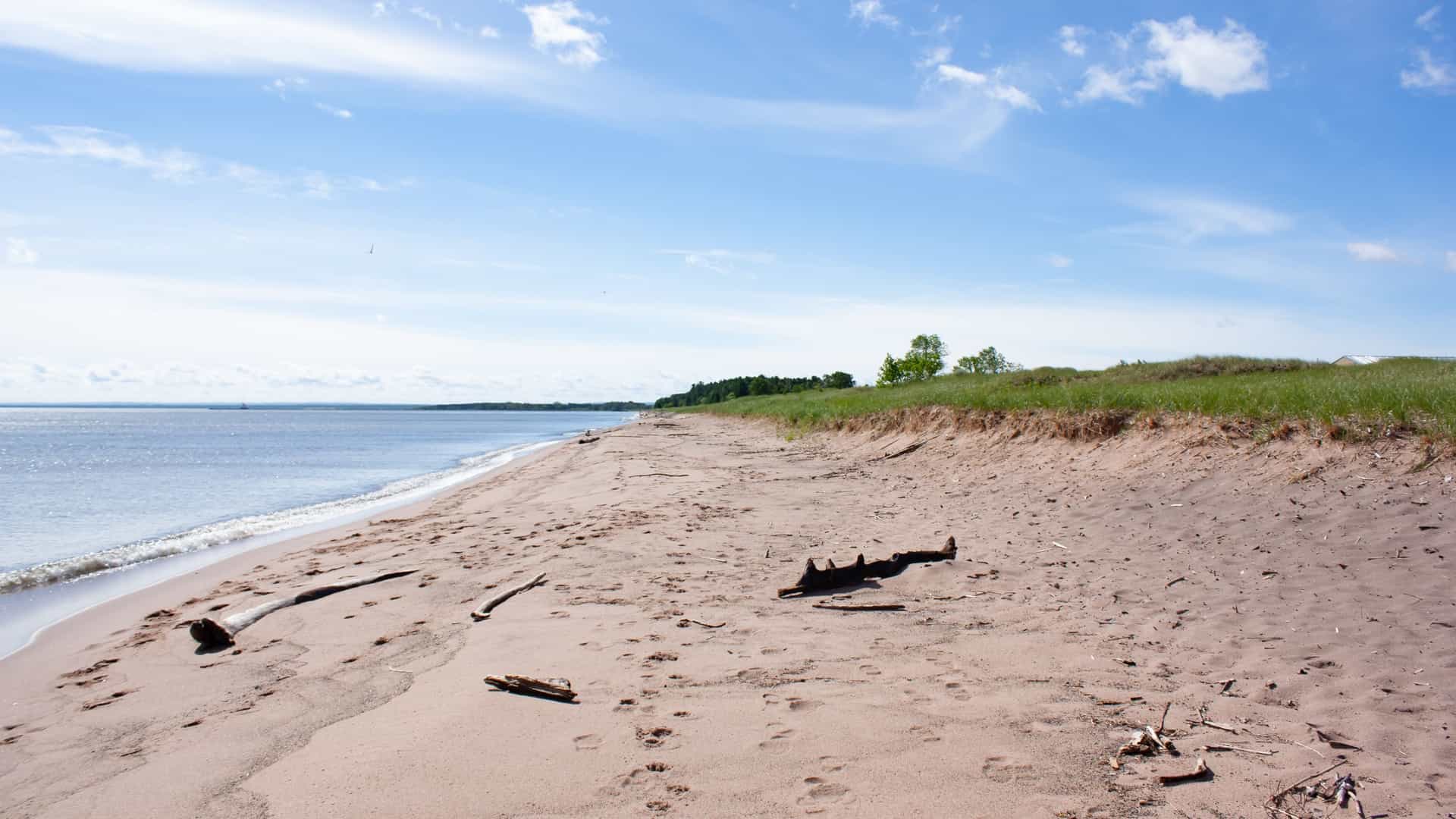 This photo captures a peaceful, sunny afternoon at Park Point Recreation Area in Duluth, Minnesota. The image shows a long stretch of bright, tan sand beach on the shores of Lake Superior, with calm blue water meeting the shore under a clear sky.