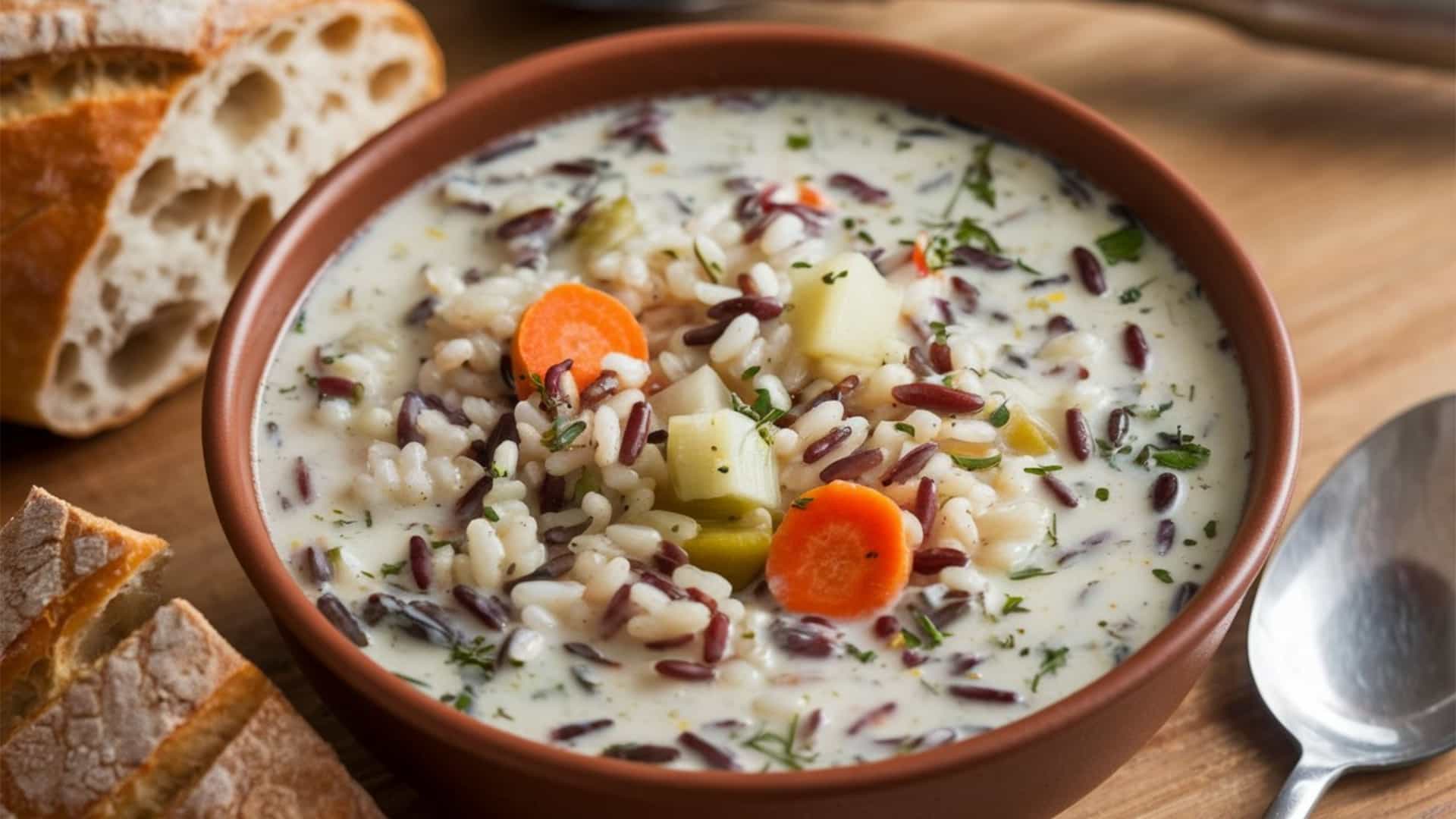 A rich and hearty bowl of wild rice soup, a Minnesota staple, is presented, showcasing a creamy, nutty-brown broth filled with chunks of chicken, mushrooms, and carrots. The soup is garnished with fresh herbs and served in a white bowl, emphasizing its warm and comforting nature.