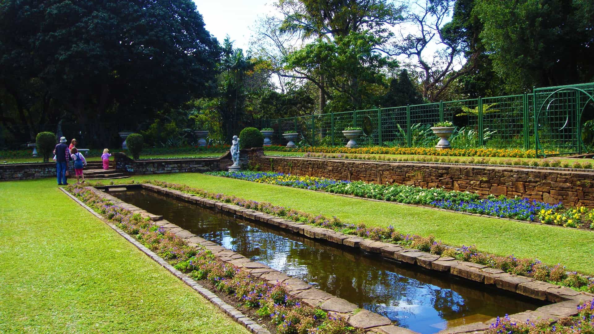 A tranquil view inside the Durban Botanical Gardens in Durban, South Africa, featuring lush, dense tropical foliage, including large palm trees and vibrant green ferns, showcasing the rich biodiversity of the garden.