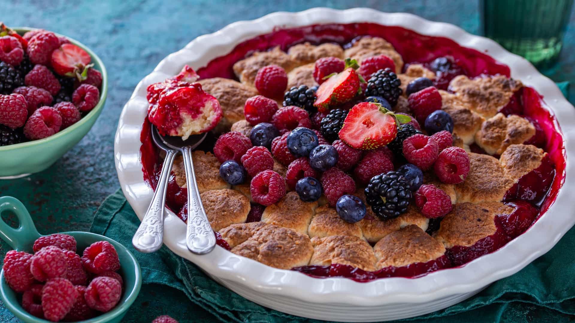 A close-up, top-down view of a homemade berry cobbler served in a white, ceramic baking dish. The dessert features a bubbling, dark purple berry filling topped with a golden-brown, rustic biscuit crust that has been broken open in places to reveal the fruit beneath. A scoop of melting vanilla ice cream or whipped cream is placed on top of the warm cobbler, emphasizing its sweet, comforting summer quality.