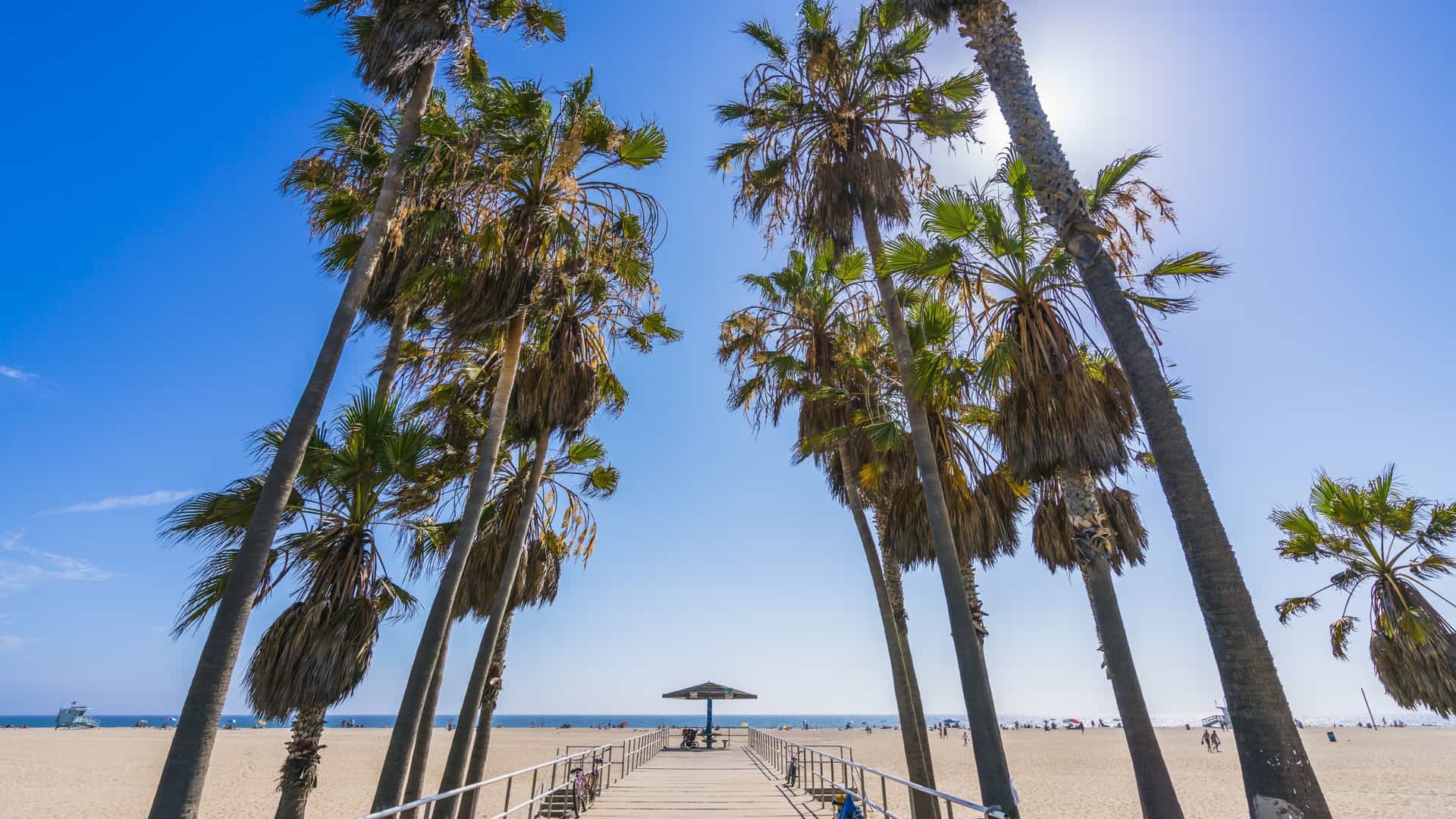 A bright, sunny aerial or high-angle view of the coastline showing the wide expanse of Venice Beach in Los Angeles, California. The sandy beach meets the Pacific Ocean, with the Santa Monica mountains or coastal hills visible in the hazy distance. The scene is likely near the junction of Venice and Santa Monica.