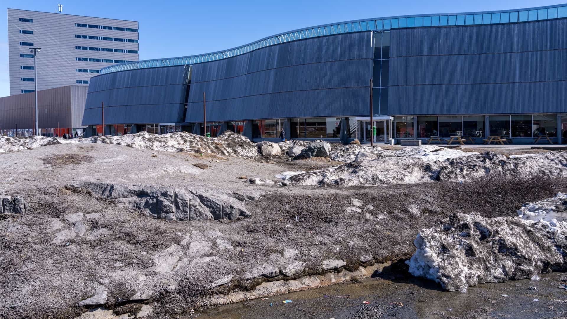 A modern exterior view of the Katuaq Cultural Centre in Nuuk, Greenland. The building features striking, avant-garde architecture inspired by the motion of the Northern Lights and a whale's tail, often clad in a warm, timber material. The structure is set against a backdrop of a blue sky and possibly some of Nuuk's surrounding mountains or colorful government buildings.