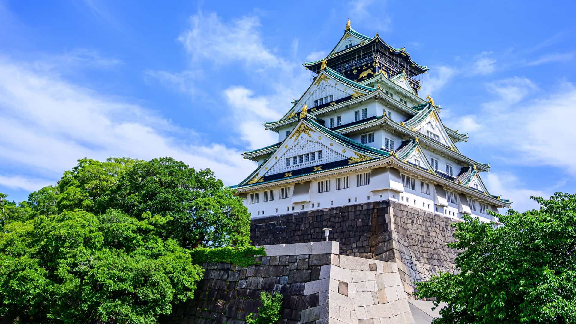 A view of Osaka Castle in Japan, a prominent five story building with white walls, green roofs, and gold accents. The castle's main tower stands majestically against a bright sky, surrounded by the meticulously constructed stone walls and a wide moat. The historic structure is set within the sprawling, green grounds of the surrounding park, with a few other buildings visible in the distance.