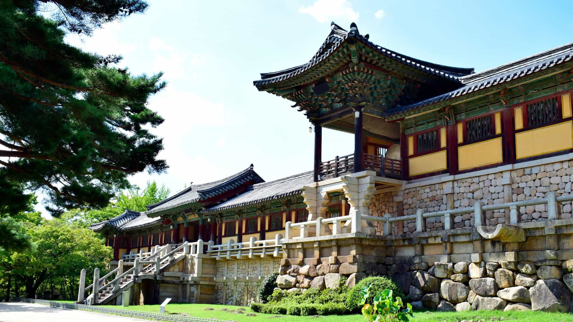 A view of Bulguksa Temple in Gyeongju, South Korea. This UNESCO World Heritage site, a masterpiece of Silla Kingdom Buddhist art, typically features traditional wooden temple buildings constructed on massive, intricate stone terraces, and often includes the iconic stone staircases (like Cheongun gyo and Baegun gyo) or one of the famous pagodas.
