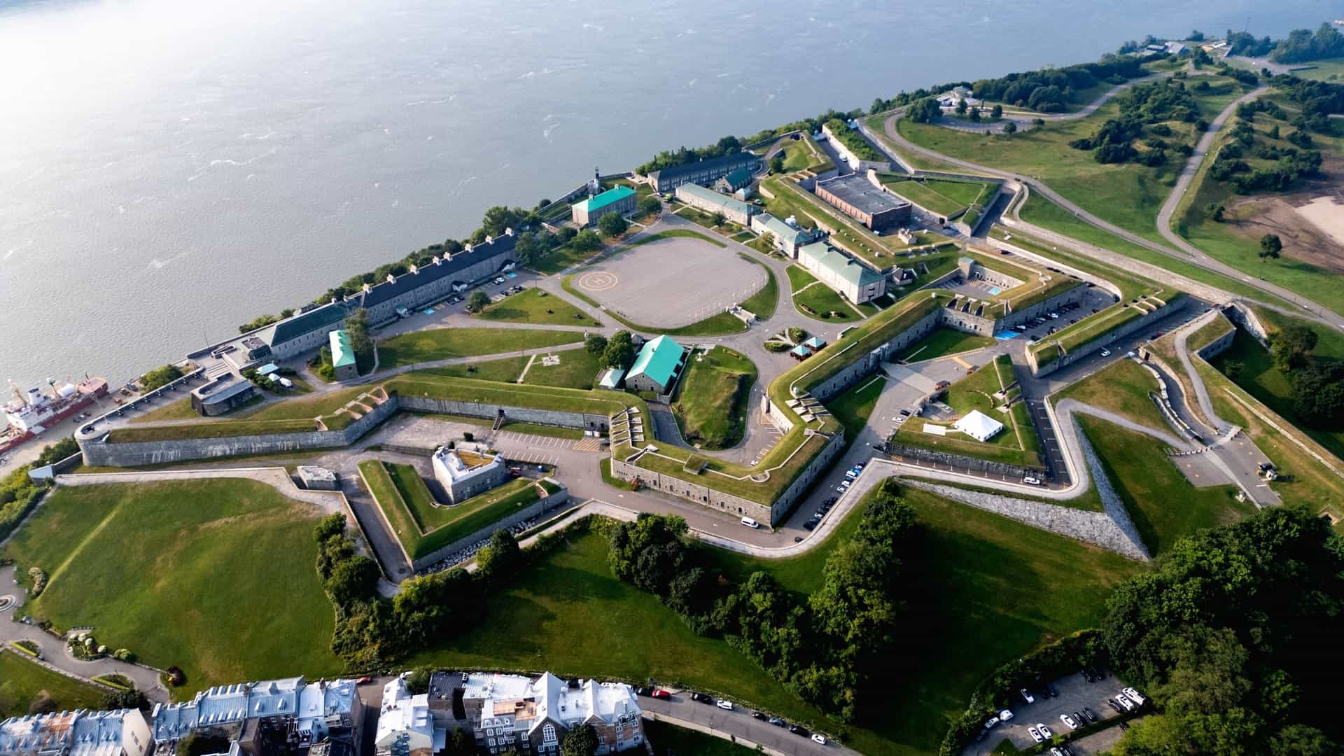 An aerial view of La Citadelle de Québec, a historic, star shaped military fortress located atop Cap Diamant in Old Quebec City, Canada, and home to the Royal 22e Régiment.