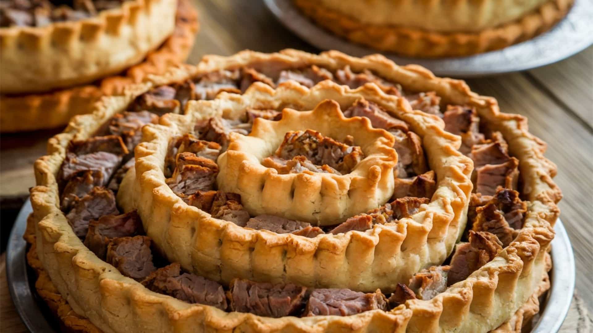 A close up view of a baked, golden crusted Tourtière, a traditional French Canadian meat pie. The round pie has a flaky, crimped edge and decorative steam vents cut into the top crust, which covers a hearty filling of savory, spiced ground meat, typically pork or a mix of meats.