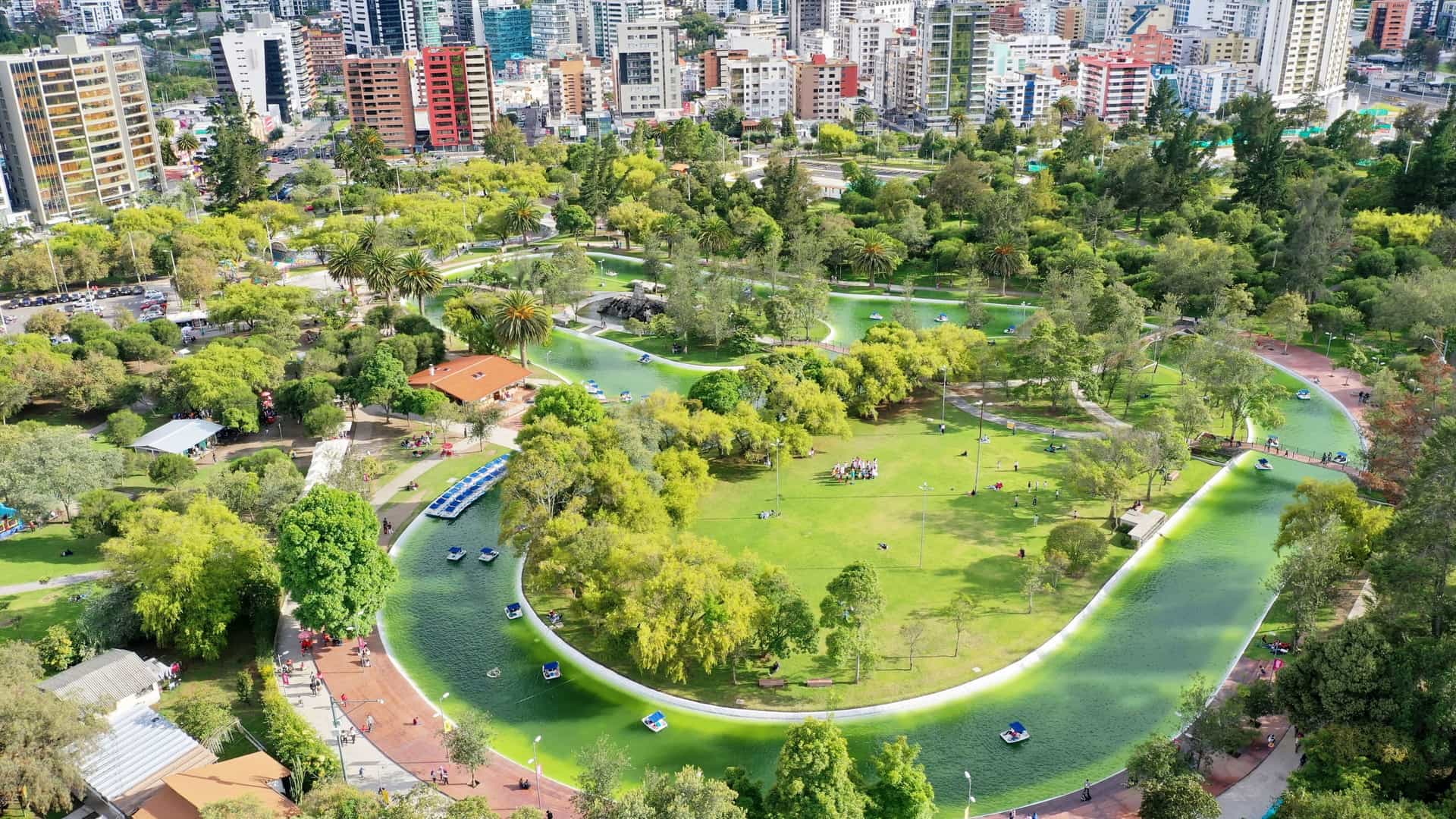 A bright, high aerial view of Laguna del Parque La Carolina, a central green space in Quito, Ecuador. The image shows the large, rectangular, man-made lagoon at the heart of the park, surrounded by extensive green lawns and trees. The park is sharply defined by and contrasted against the dense, modern financial district of Quito, with numerous high-rise commercial and residential skyscrapers framing the green urban oasis. Paddle boats may be visible on the water, highlighting the park's recreational use.