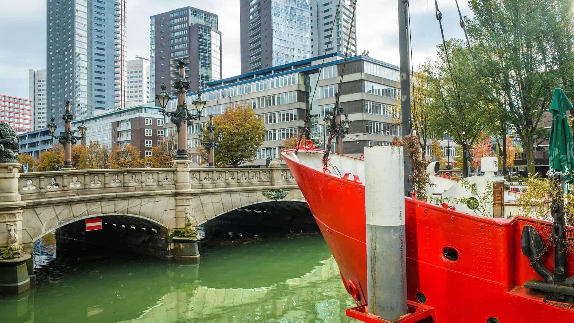 A city view of the Maritime District in Rotterdam, Netherlands, likely taken from the vicinity of the Maritiem Museum or its harbor. The scene features the historical Leuvehaven harbor, where a collection of classic museum ships and vessels are moored. In the background, modern, tall skyscrapers and contemporary buildings of the Rotterdam skyline rise dramatically, illustrating the juxtaposition of the city's maritime history with its modern architecture.