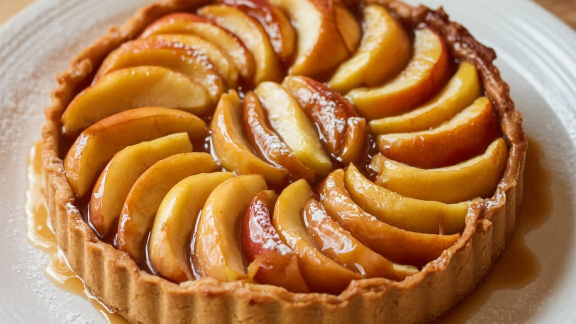 A close up view of a classic French Tarte Tatin, an upside down caramelized apple tart. The dessert features a golden, flaky pastry crust on the bottom, topped with thick slices of apples that are deeply caramelized in a rich, amber brown butter and sugar sauce, giving them a glossy sheen. The tart is typically shown on a serving plate after being inverted from the pan.